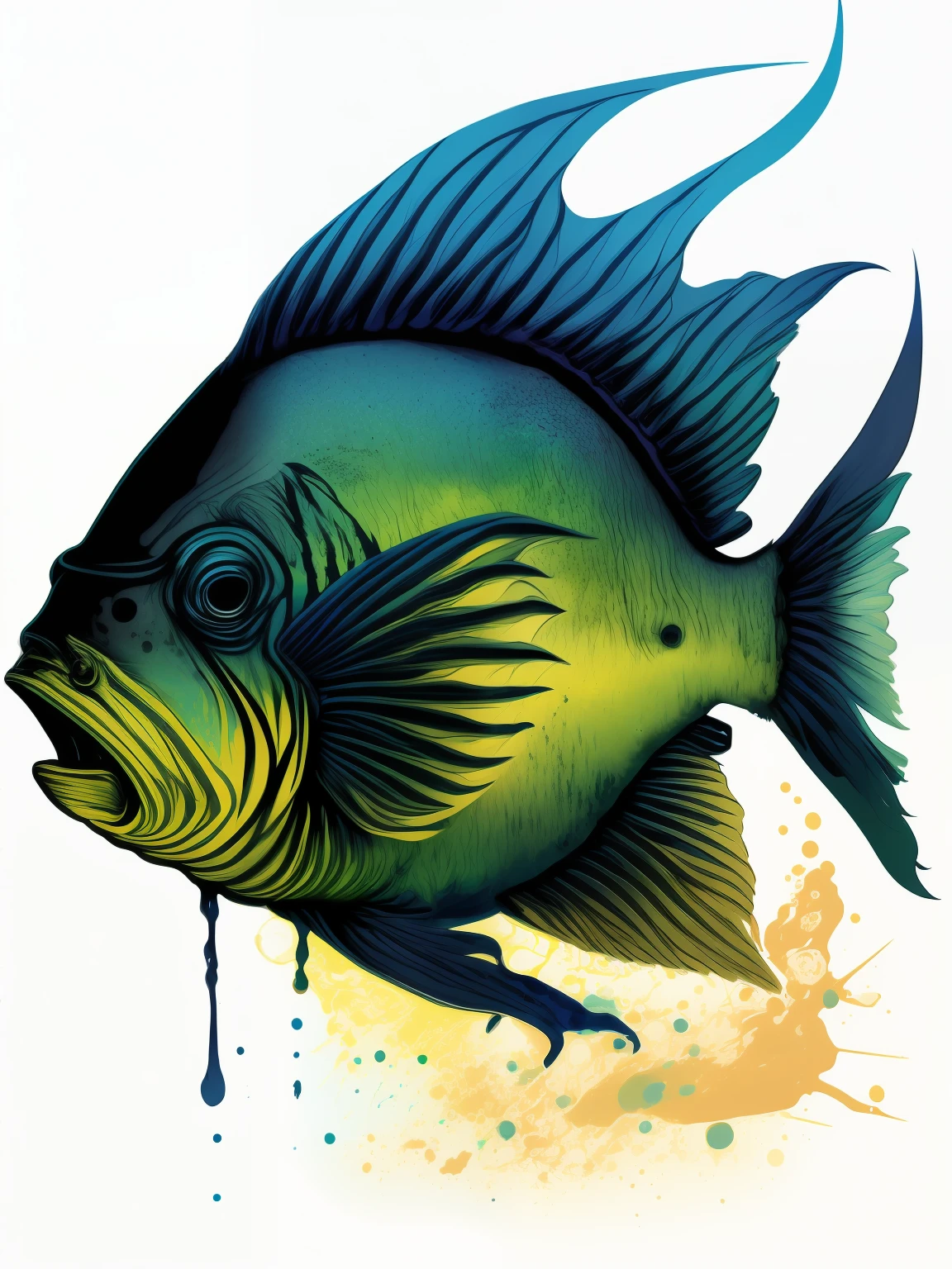 Fish head, white background, blue, yellow and green ink gradient