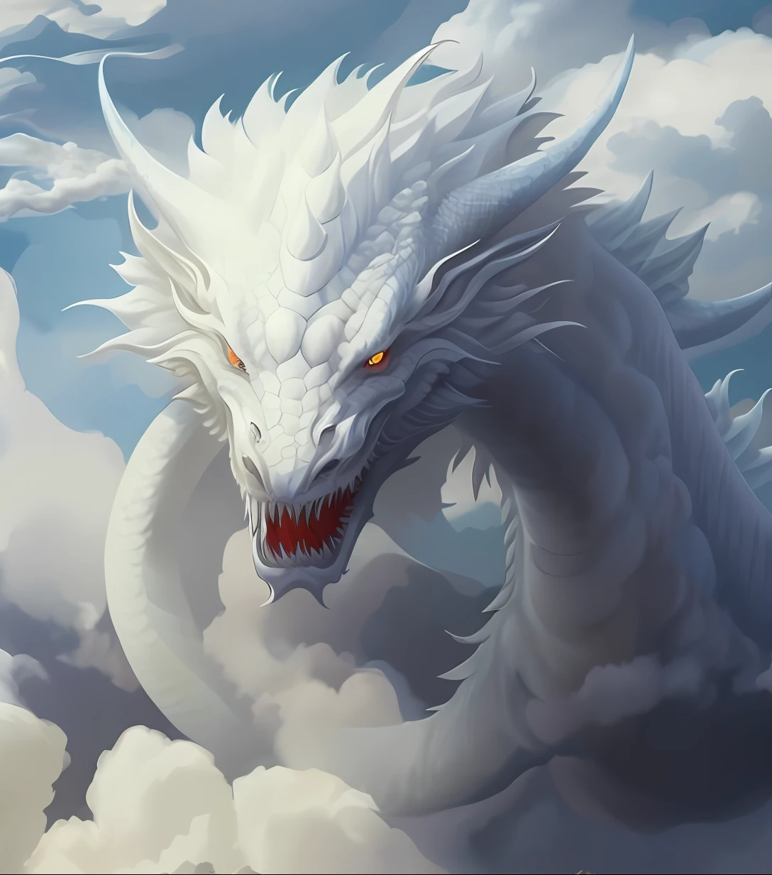 Close-up of a white dragon with red eyes in the clouds, a dragon made of clouds, cloud in the shape of a dragon, ryujin, dragons flying in the sky, dragons flying in the sky, drak, giant dragon flying in the sky, oil painting of dragon, chinese dragon concept art, A dragon, Dragon in the sky, Dragon Art