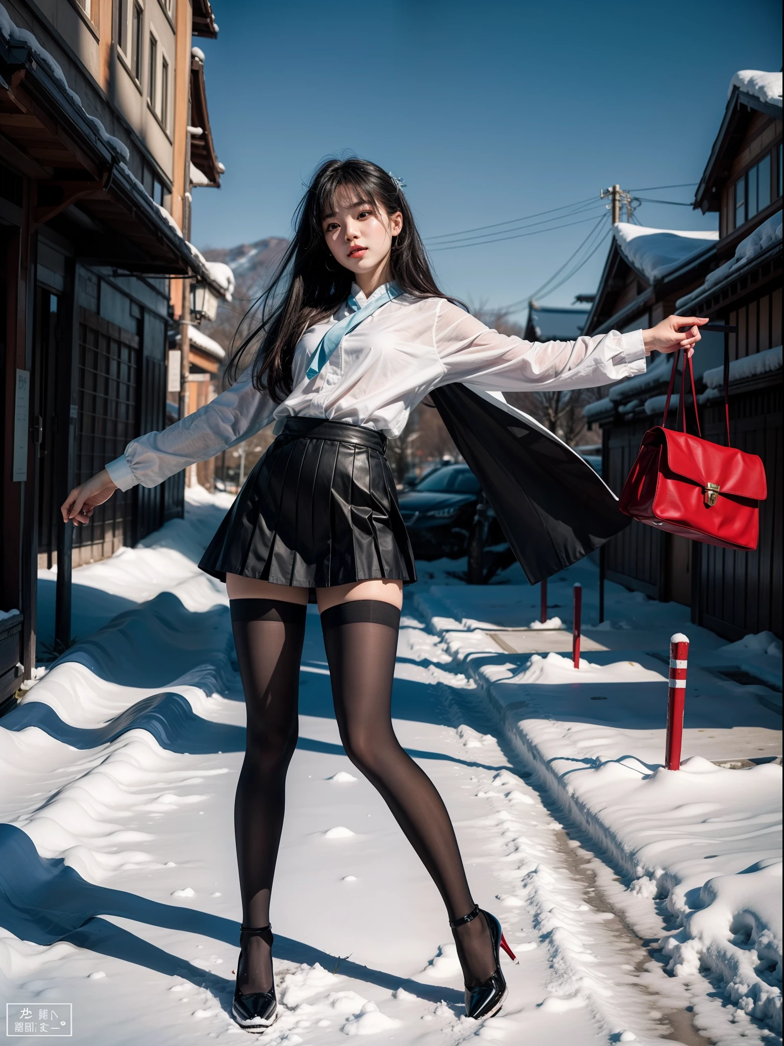 Splitting characters is prohibited,(Full body shot:1.3), Must show your face, anatomy correct, Dance on top of snowy mountains,The breath of nature,Polished pointed-toe heels must be worn,Stocking tights are mandatory, Colorful Chinese JK student uniforms, A shallow laugh, Complex and diverse backgrounds,Strangling effect,hyper HD, Ray traching, structurally correct, Award-Awarded, high detal, lightand shade contrast, Face lighting,cinmatic lighting, tmasterpiece, super detailing, high high quality, high detal, best qualityer, 16k