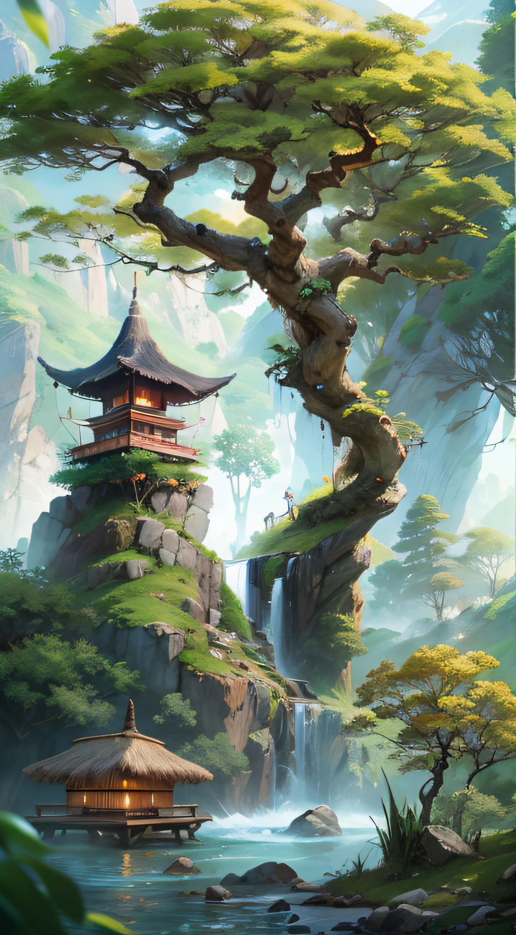 （tmasterpiece、best qualtiy）A huge ancient tree（（Glowing spirit tree、with light glowing））、illumination、thatched hut、springtime、jungles、lakes、grassy fields、Rochas、hot onsen、hydrosphere、surrounded by cloud，（illustratio：1.0）、Epic composition、Realistic lighting、high definition detail、high definition resolution，（非常详细的 CG 统一 8k 壁纸）