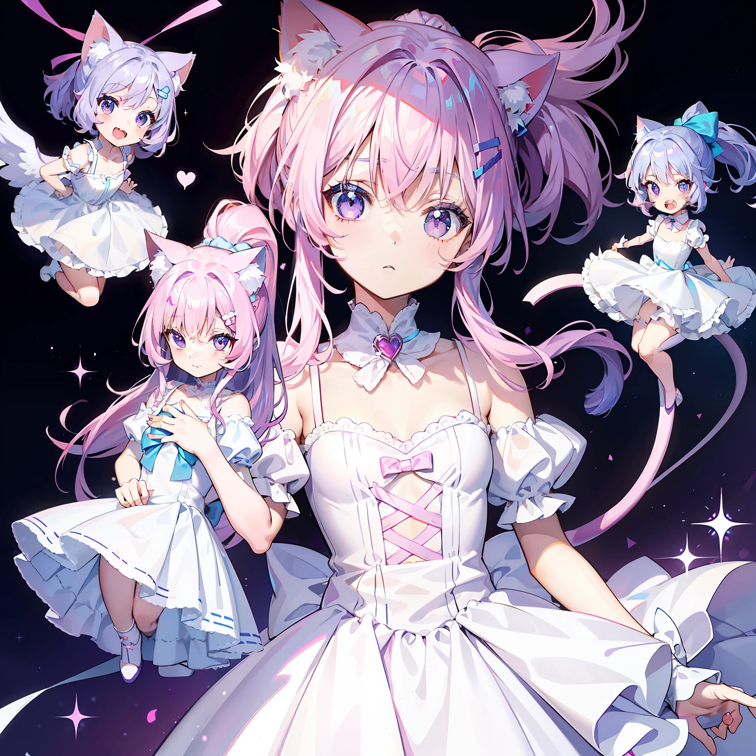 A pink-haired teenage girl,The hair was dyed blue,Bow hair ornament,Purple eye,adolable,cat ear,Highest image quality,High ponytail,Princess dress,Puff sleeves,White skin of the,Delicate hair,Exquisite clothing,Cute little ???,The chest is small,Whole body diagram,white backgrounid,Various perspectives