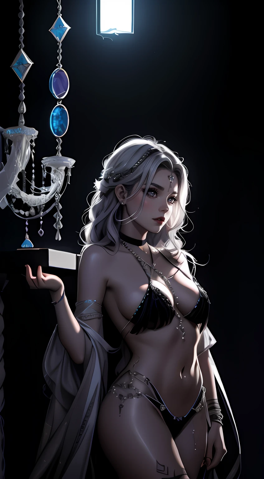 Model: long wavy hair, full dark lips, Smoky eyes, BREAK, Setting: Room with black light, Broken glass, Crystals reflect light, neon lights, BREAK, bodypaint: Polychromatic geometric patterns,Heart tattoos, Arms and legs, BREAK, Accessories: Chrome-plated chains with torn body, Silver Choker, black feathered white black wings, Naked, Topless, naked body,BREAK, the pose: erotic pose, looking forward. wolf ears, Wolf.up close, In love with love