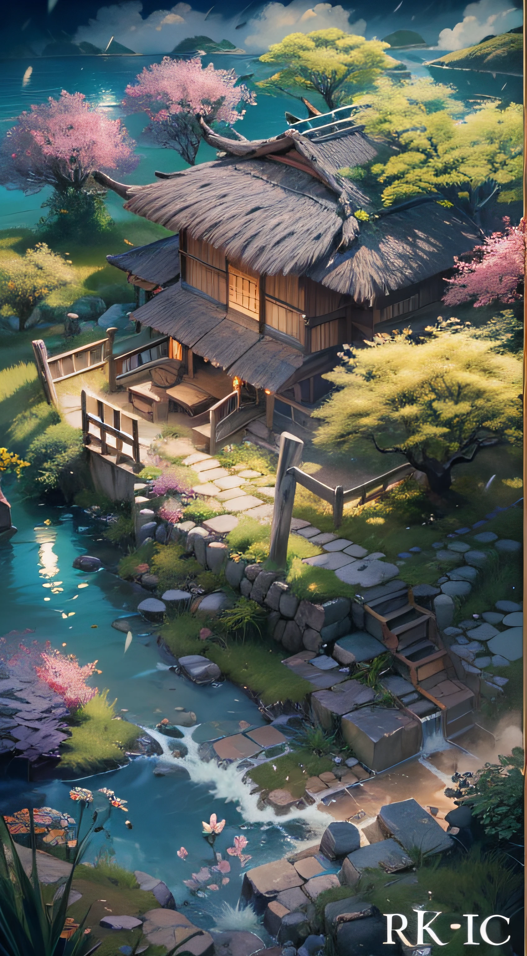 (tmasterpiece、best qualtiy)A huge ancient tree((Glowing spirit tree、with light glowing))、illumination、thatched hut、springtime、jungles、lakes、grassy fields、Rochas、hot onsen、hydrosphere、surrounded by cloud,(illustratio:1.0)、Epic composition、Realistic lighting、high definition detail、high definition resolution,8K wallpaper