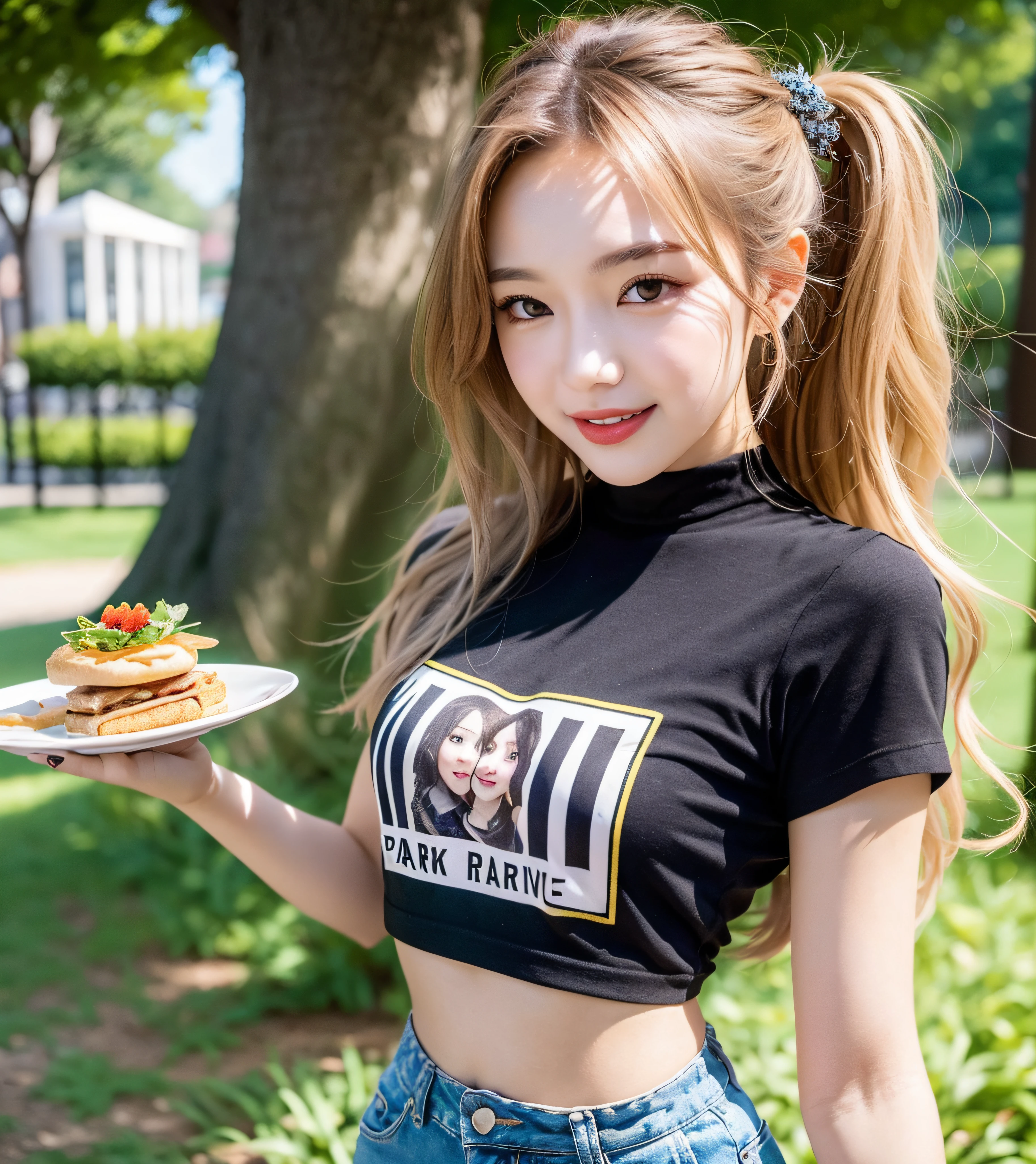 Realistic:1.2), 18yo Girl, open legs, (((at beautiful park))), wears a casual t-shirt, ((holding a small snack on a plate)), Perfect chest shape, (Happy expression, Standing: 1.2), hair ornaments, pale skin, looking at the viewer, small waist