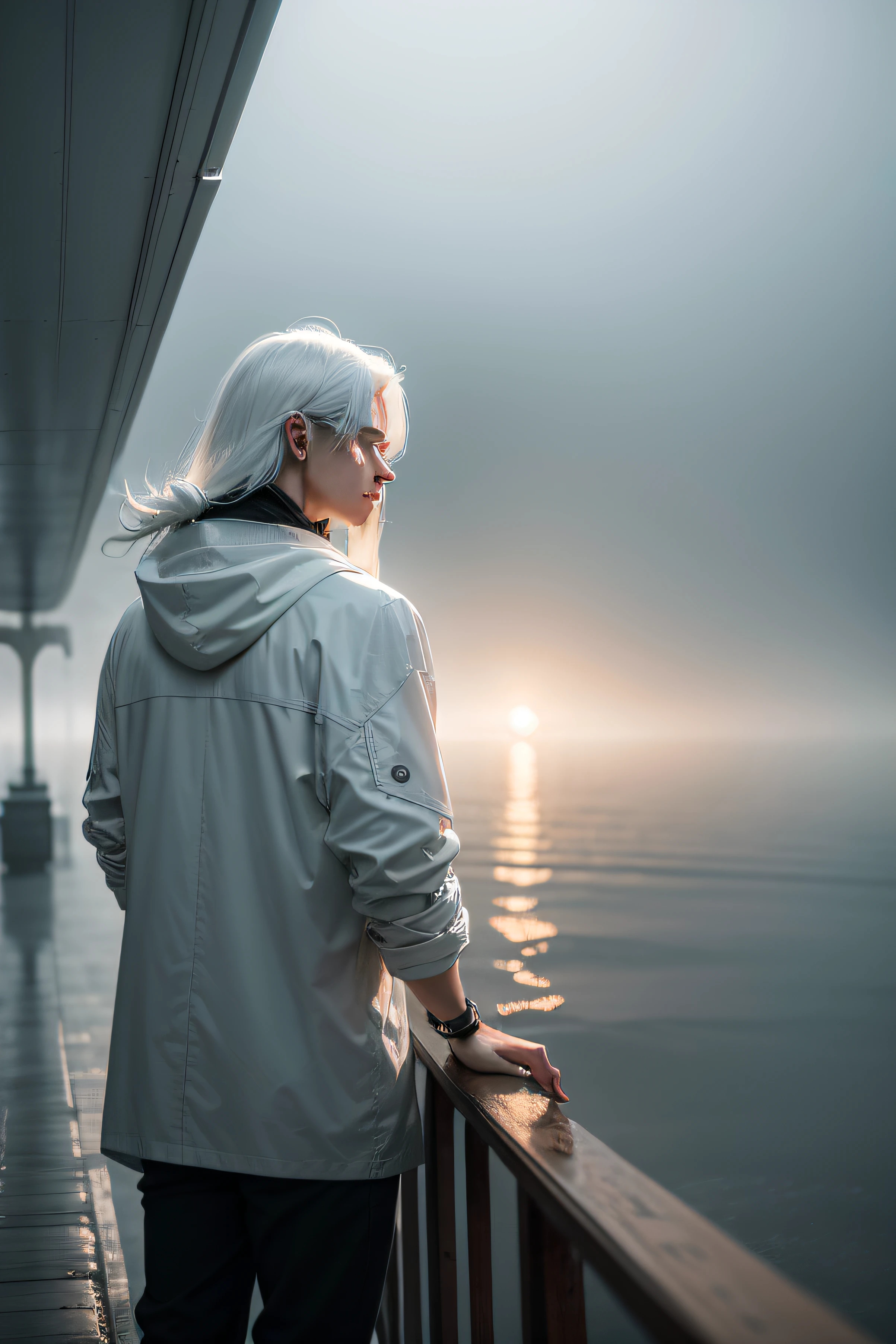 grieves,Sea fog,Cruise,A white-haired ager,Solitude,Gray,8k,It was drizzling,Cloudy back