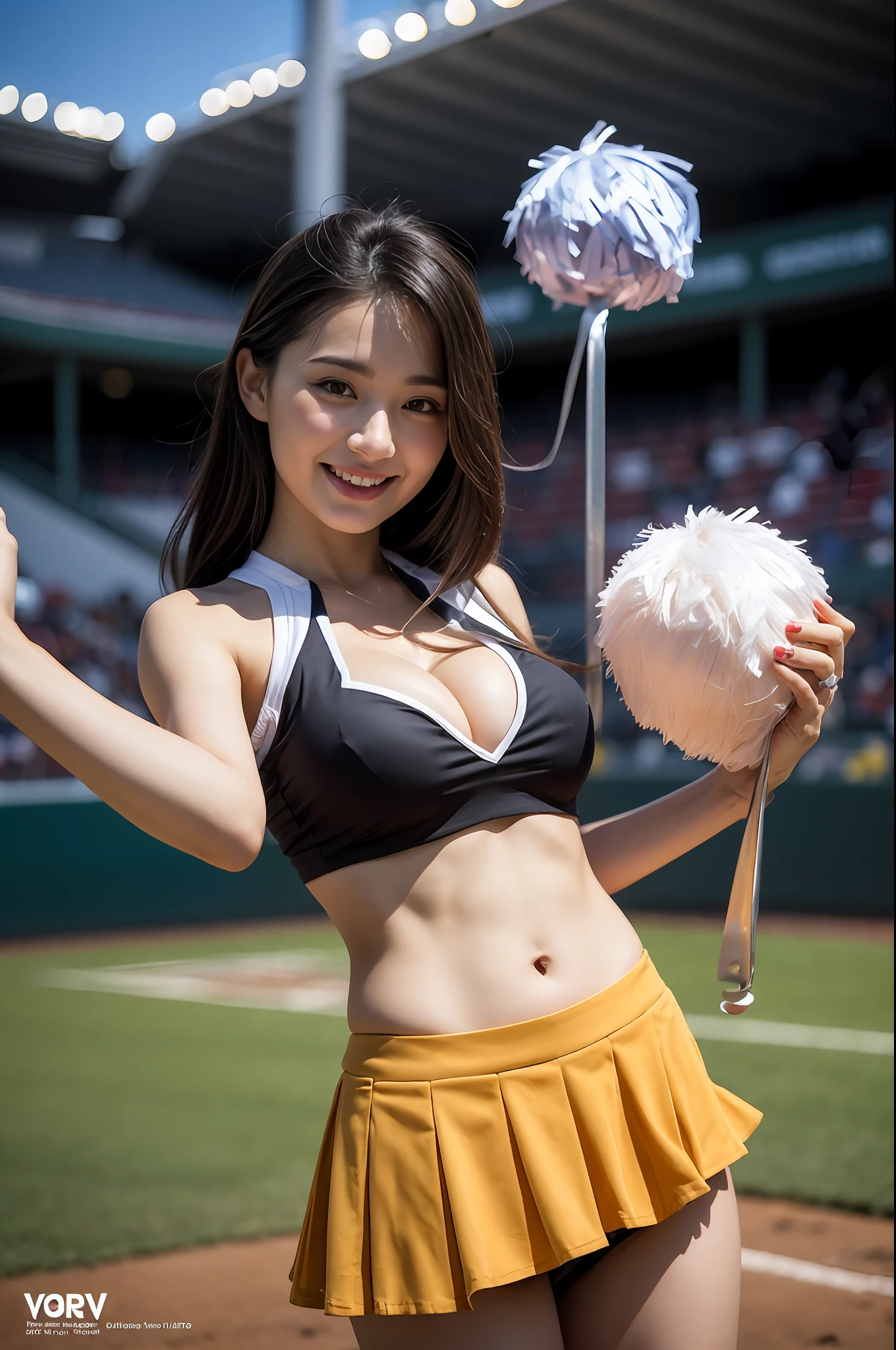 (((Sleeveless cheerleader Costume))),(((holding a pom-poms))),(((Skirt lift:1.5))),(((cleavage cutout))),(((outstretched arms))),(((bare inner thigh))),(((bare sport panty))),ulzzang-6500-v1.1, (Raw photo:1.2), (Photo realistic:1.4), a beautiful detailed girl, extremely detailed eye and face, beautiful detailed eyes, ultra-detailed, High resolution, top-quality, ​masterpiece, highly detailed, 8k wallpaper, Wonderful, finely detail, top-quality, Light on the face,电影灯光,1girl in,(Taoyuan International Baseball Stadium in Taiwan),Beautiful eyes,smile,Opening Mouth