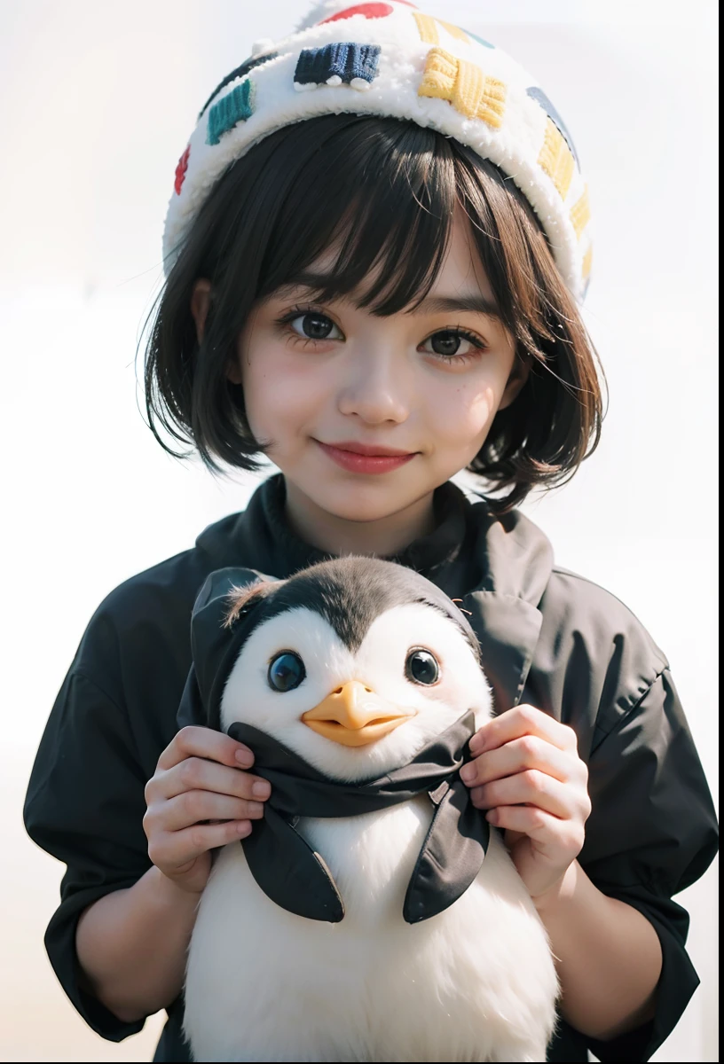 Girl in white hat with stuffed penguins,A smile, Stuffed penguins, Cute little girl s, a picture,8K