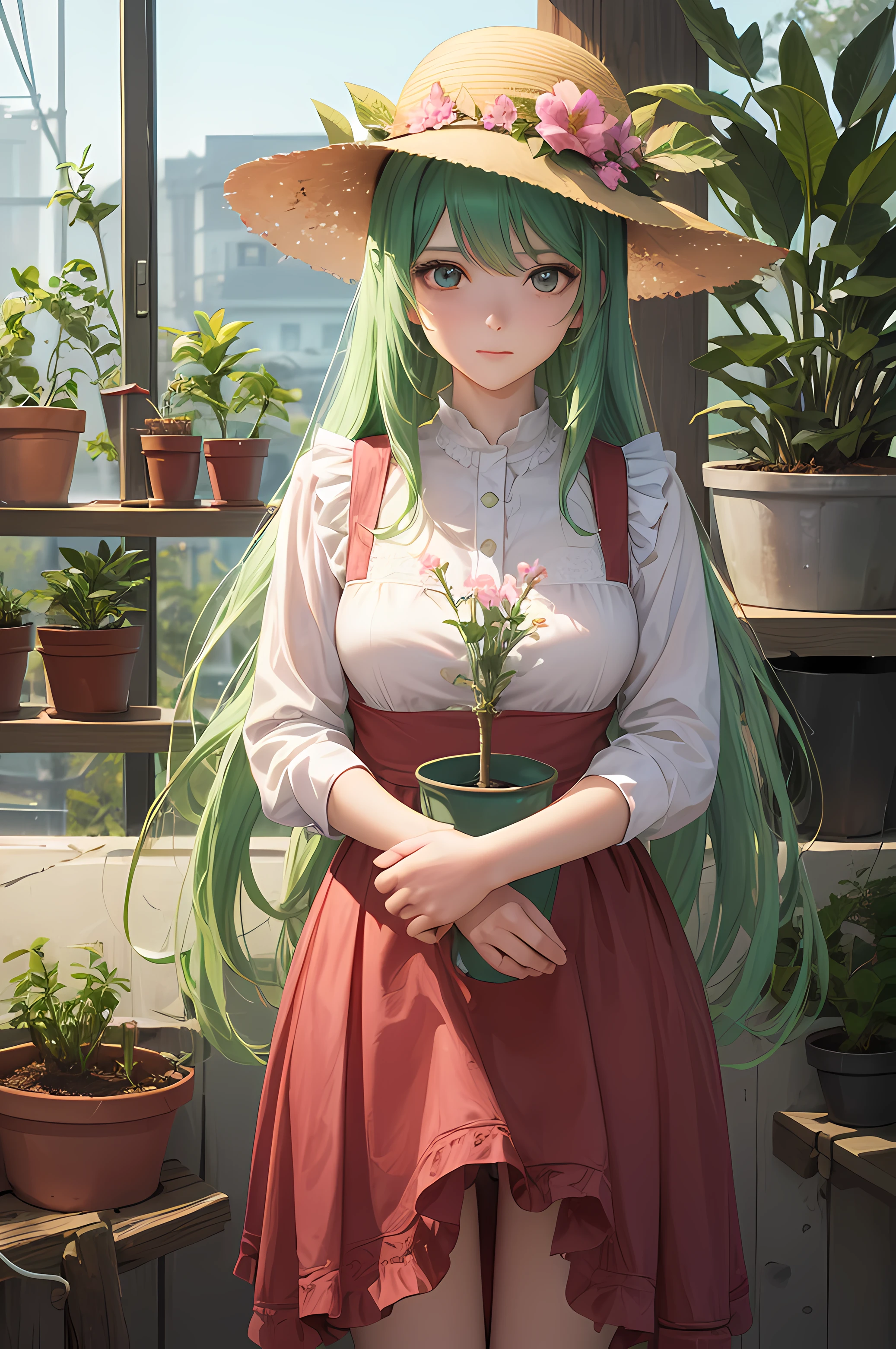 1 girl, almost 18 y.o, ((anime screencap)), ((masterpiece)), (((best quality))), ((unity 8k wallpaper)), (((ultra-detailed))), ((ultra high resolution)), ((ultra detailed eyes)), ((ultra detailed clothes)), ((ultra detailed background)), (nice hands), (nice legs), more_details:0.5, add_detail:0.5. The girl's story : She is called Hana and she is a gardener who grows and tends to magical plants. She has long and ((green hair)), decorated with flowers. Her eyes are brown and warm. She wears a ((pink and white outfit)), with a ((hat)) and an apron. She has a watering can and a pair of scissors on her hands, which she uses to care for her plants. She is in a greenhouse, where the plants are colorful and fragrant. She works with joy, holding in her right hand a seed, which she plants in a pot. She seeks to create new and beautiful hybrids, using her skills and her love. She is gentle, trusting herself and her plants. She has a ((pet plant)), which looks like a cactus. It hugs her, happy to see her. --auto