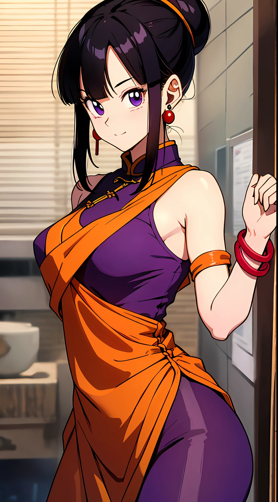 tmasterpiece,Best quality at best,Highest quality,Perfect anatomy,s the perfect face,perfect eyes,1girll,dbzch1ch1,(Black color hair:1.4),Lateral hair,By bangs,(Off-the-shoulder attire:1.3),single hair bun,hair-bun,(黑The eye),Orange cashmere wrapped,Red spherical earrings,Red wristband,Purple cheongsam, upperbody closeup