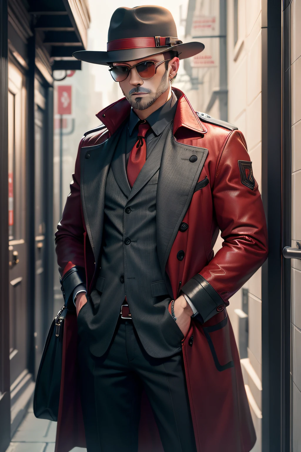 a spy with red and gray coat and hat