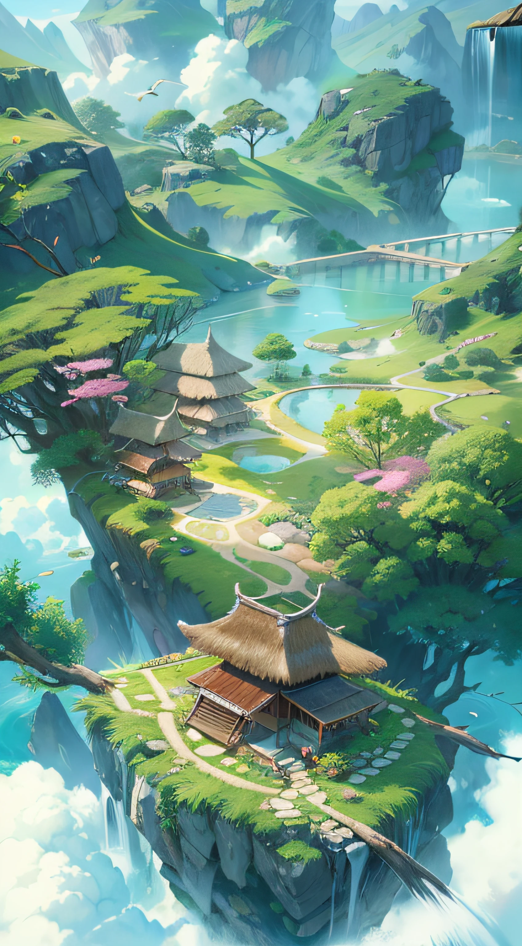 (tmasterpiece、best qualtiy)A huge ancient tree((Glowing spirit tree、with light glowing))、illumination、thatched hut、springtime、jungles、lakes、grassy fields、Rochas、hot onsen、hydrosphere、surrounded by cloud,(illustratio:1.0)、Epic composition、Realistic lighting、high definition detail、high definition resolution,(非常详细的 CG 统一 8k 壁纸)
