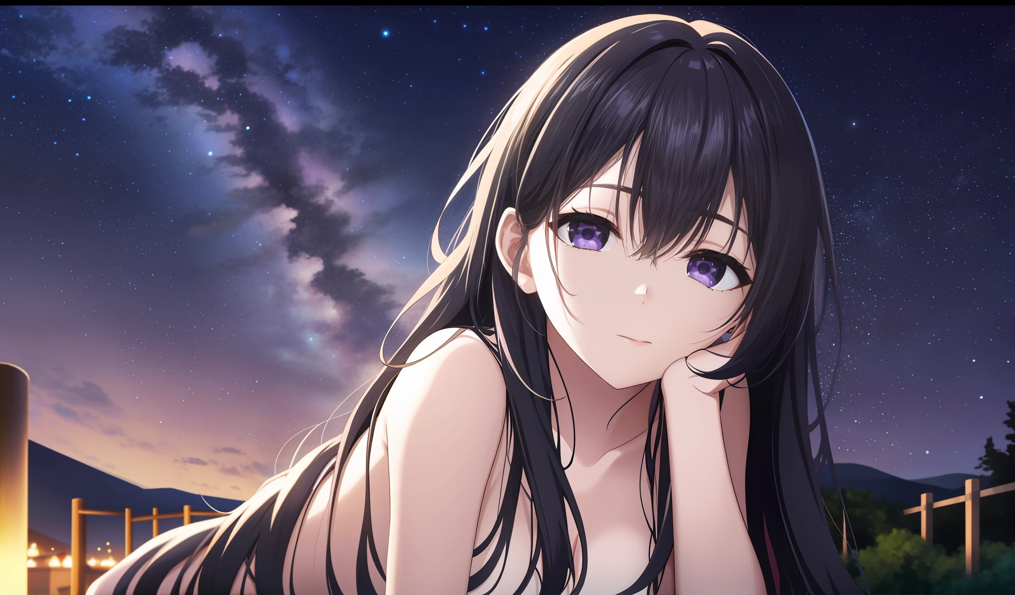 one-girl, Wear black pajamas, naked leg, Barefoot, Purple eye, pavilion, Lie down, Rest your head on the post， nigth, Starry sky overhead, In the countryside, in a panoramic view, Black hair, Very long hair, hair splayed out, color difference, Motion blur, A high resolution, ccurate, Super detail, High details, Best quality