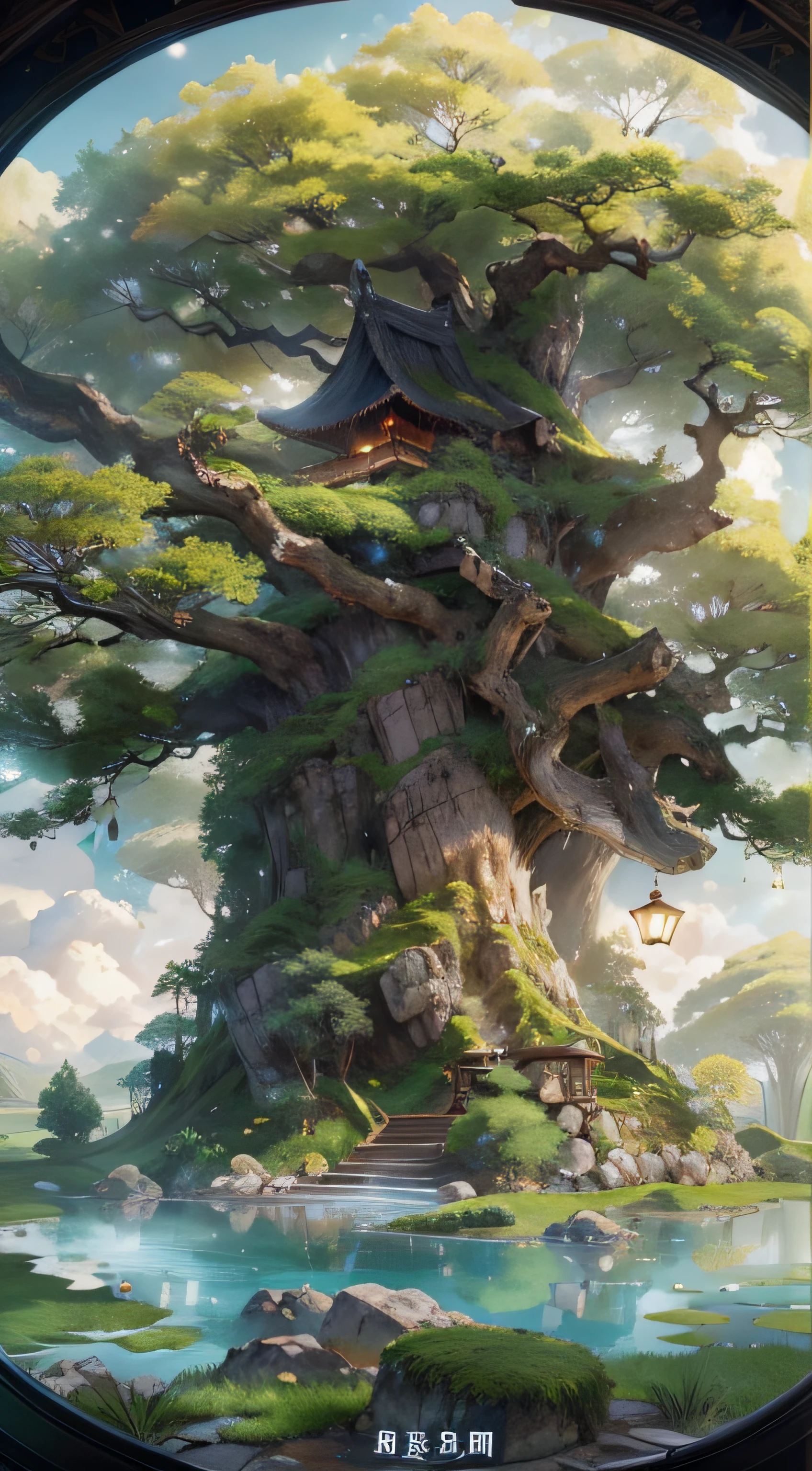 (tmasterpiece、best qualtiy)A huge ancient tree((Glowing spirit tree、with light glowing))、illumination、thatched hut、springtime、jungles、lakes、grassy fields、Rochas、hot onsen、hydrosphere、surrounded by cloud,(illustratio:1.0)、Epic composition、Realistic lighting、high definition detail、high definition resolution,(非常详细的 CG 统一 8k 壁纸)
