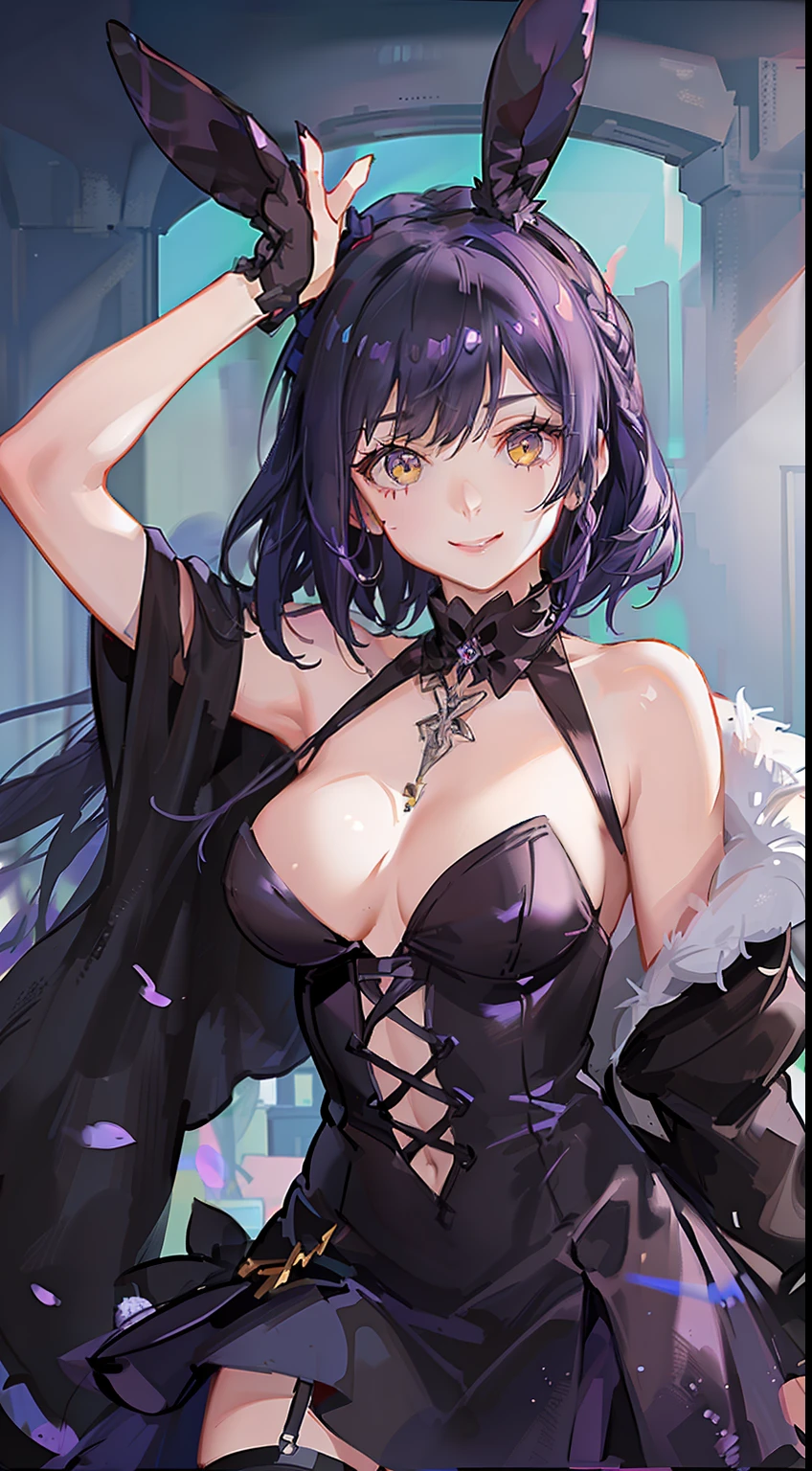 young girl, short black and purple hair, Short braid,  bunny ears, Yellow eyes, purple lipstick, Gothic dress, open breasts, Smile, Masterpiece, hiquality