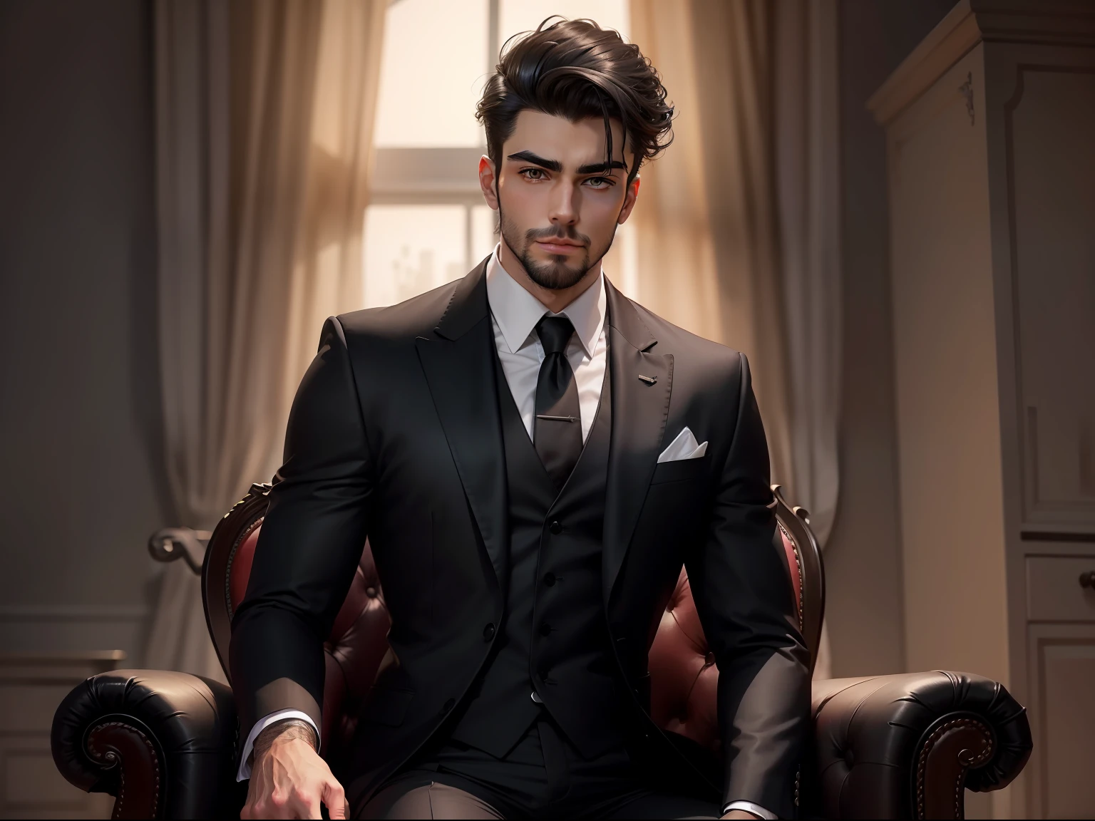 A handsome attractive boy having Square face shape tiny beard, dark eyebrows, a sexy straight hairs standing up,well maintained, a little mustchhac, black three piece suit, black pant, sitting on chair posing for photo viewing to the viewer, confident posture