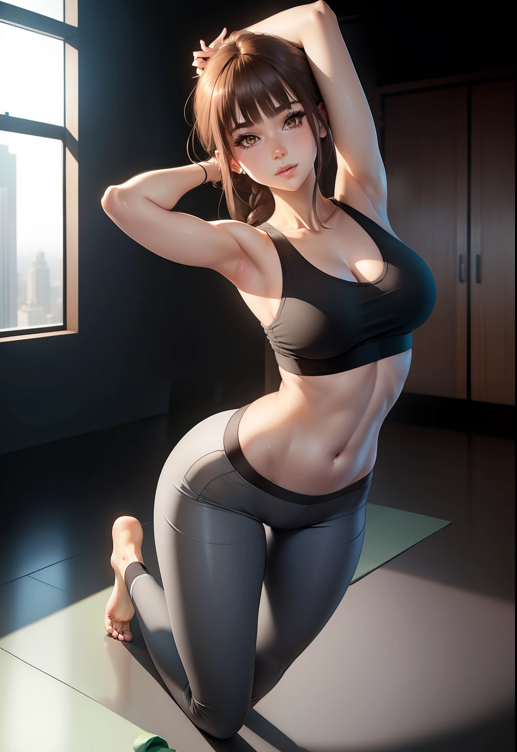 insanely beautiful girl, short messy brunette hair, ponytail, heterochromia brown and grey, minimal Yoga clothes, hourglass body, little smile, open-minded, yoga studio, Full body Beautiful anime style girl, sweat leggs, secypose, clean detailed faces, intracated clothing, analogous colors, glowing shadows, beautiful gradient, depth of field, clean image, high quality, high detail, high definition, Luminous Studio graphics engine, cute face, big braest, slim waist, nice hips,