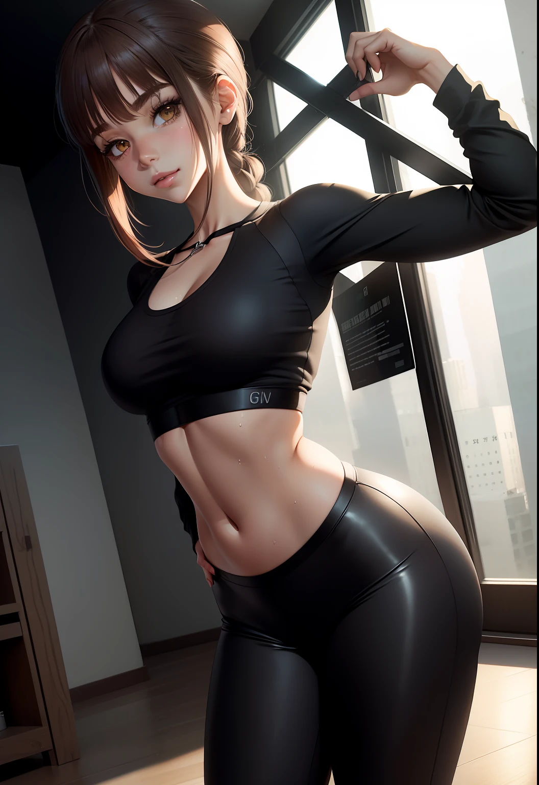 insanely beautiful girl, short messy brunette hair, ponytail, heterochromia brown and grey, minimal Yoga clothes, hourglass body, little smile, open-minded, yoga studio, Full body Beautiful anime style girl, sweat leggs, secypose, clean detailed faces, intracated clothing, analogous colors, glowing shadows, beautiful gradient, depth of field, clean image, high quality, high detail, high definition, Luminous Studio graphics engine, cute face, big braest, slim waist, nice hips,