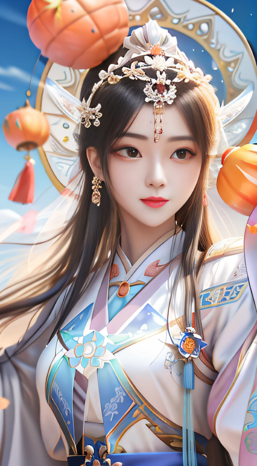 Allafard asian woman with tiara and pumpkin, Guviz-style artwork, Guviz, Palace , A girl in Hanfu, trending on cgstation, White Hanfu, Guweiz in Pixiv ArtStation, Chinese fantasy, Inspired by Fenghua Zhong, Inspired by Lan Ying, chengwei pan on artstation