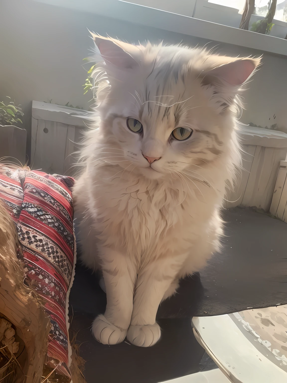 A fluffy cat sits near the roots of a tree on the side of a mountain