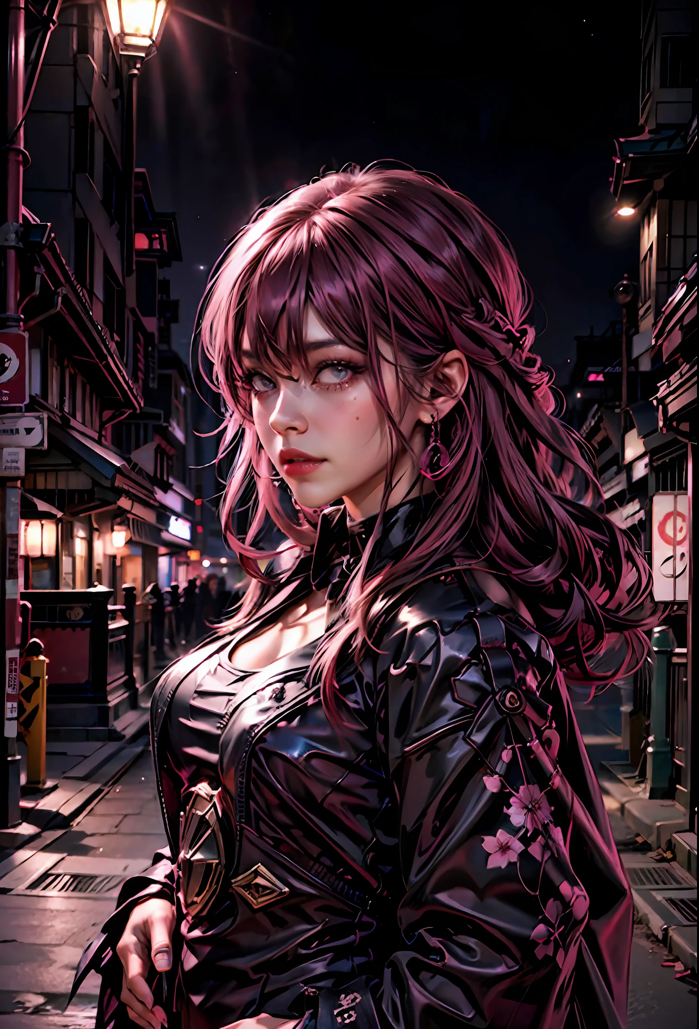 black pink ,Sexy girl with pink hair, pink eyes , in the background japanese city at night,next to a lamborghini