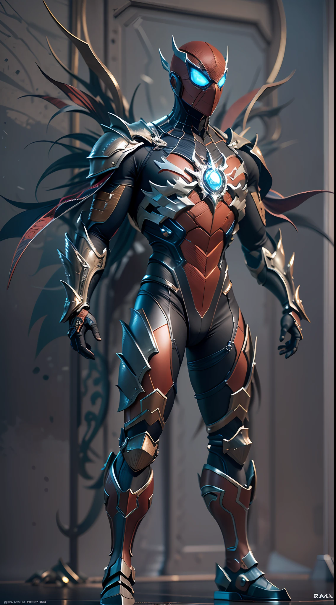 3D rendering of a [Homem Aranha| De ferro] Highly detailed using cybernetics and intricate detail armor with armored plates, HDR, 8k, Subsurface dispersion, luz especular, alta resolução, octane rendering, ray-traced ,standingn,rtx