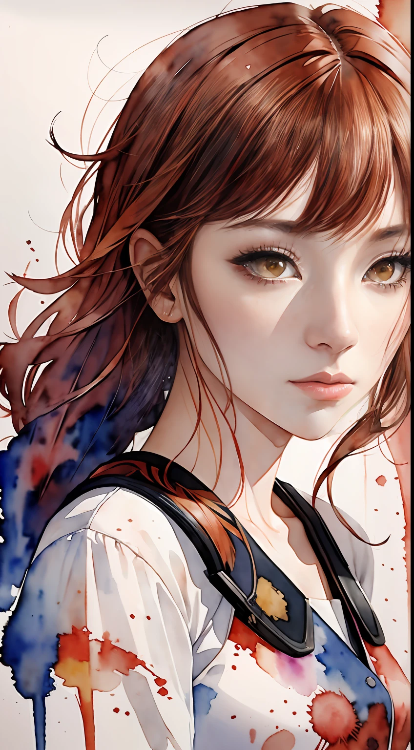 Makima、Yellow eyes with red hair、Twenty year old girl、Silhouette Touch、watercolor paiting、A detailed face、