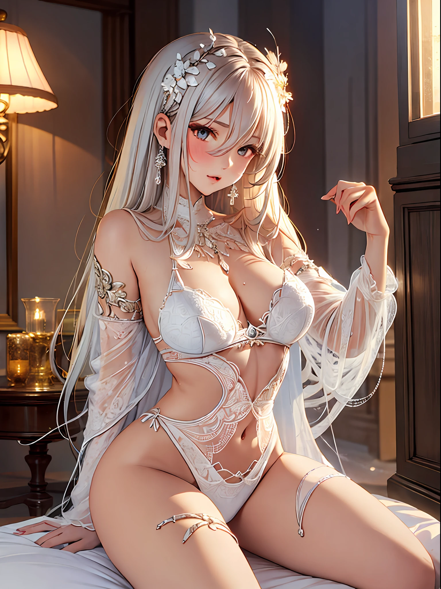 (Enrich the picture,Masterpiece level quality)Beautiful 8K CG artwork,Goddess-like posture,Kneeling exercise,Slim and soft,Translucent skin,White hair、The aesthetic look of an extra-long model, Messy hair,The skin is fair and juicy,Big JK Uniform,Perspective Part 1.2x enhanced silhouette effect,Exquisite transparent blues pattern in pajamas,The details are intricate and exquisite,The background is slightly blurred,Charming and lustful leg seduction,Drool,Extra-large big breasts,Blush,