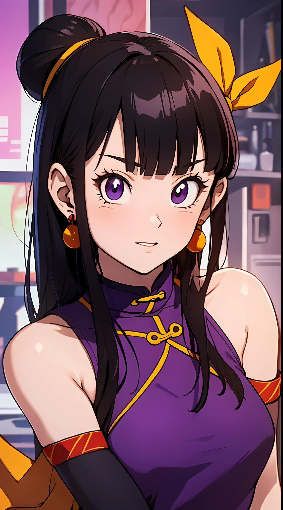 tmasterpiece，Best quality at best，Highest quality，cleavage，Perfect anatomy，s the perfect face，perfect  eyes，1girll，dbzch1ch1，（Black color hair:1.4)，Lateral hair，By bangs，(Off-the-shoulder attire:1.3)，single hair bun，hair-bun，（黑The eye），Orange cashmere wrapped，Red spherical earrings，Red wristband，Purple cheongsam, upperbody closeup