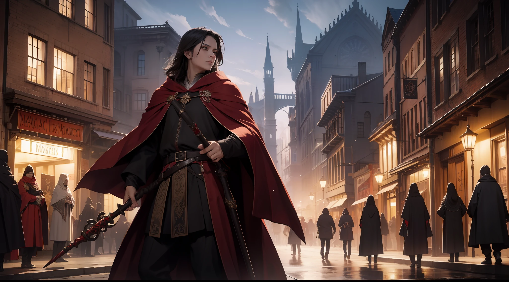 ultra-realistic realism,Western fantasy world,medieval background,magestic,On the streets of the city,Suppliers everywhere,Red and black magic robes,holding a magical staff,best qualtiy,tmasterpiece