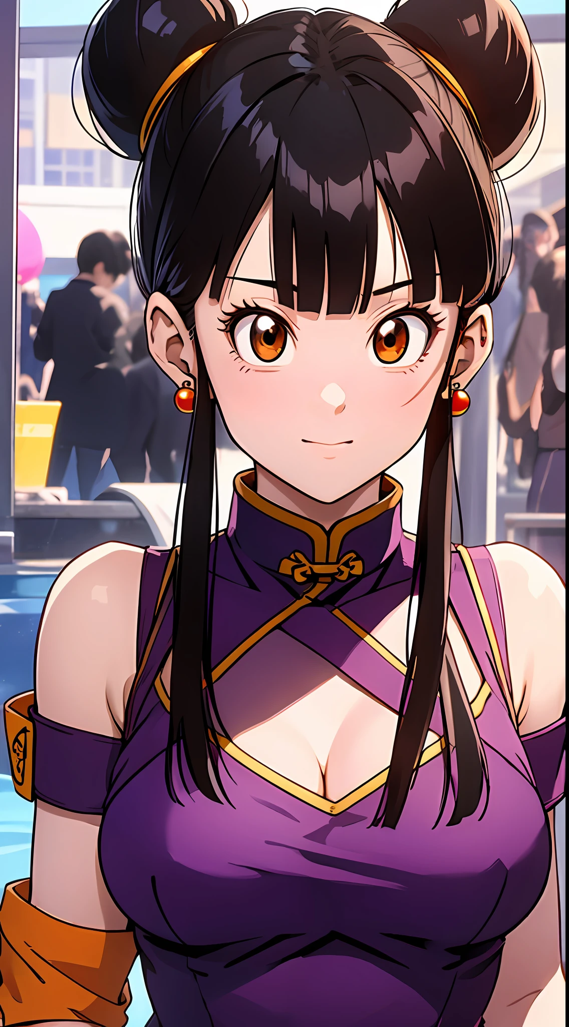 tmasterpiece,Best quality at best,Highest quality,cleavage,Perfect anatomy,s the perfect face,perfect eyes,1girll,dbzch1ch1,(Black color hair:1.4),Lateral hair,By bangs,(Off-the-shoulder attire:1.3),single hair bun,hair-bun,(黑The eye),Orange cashmere wrapped,Red spherical earrings,Red wristband,Purple cheongsam, upperbody closeup