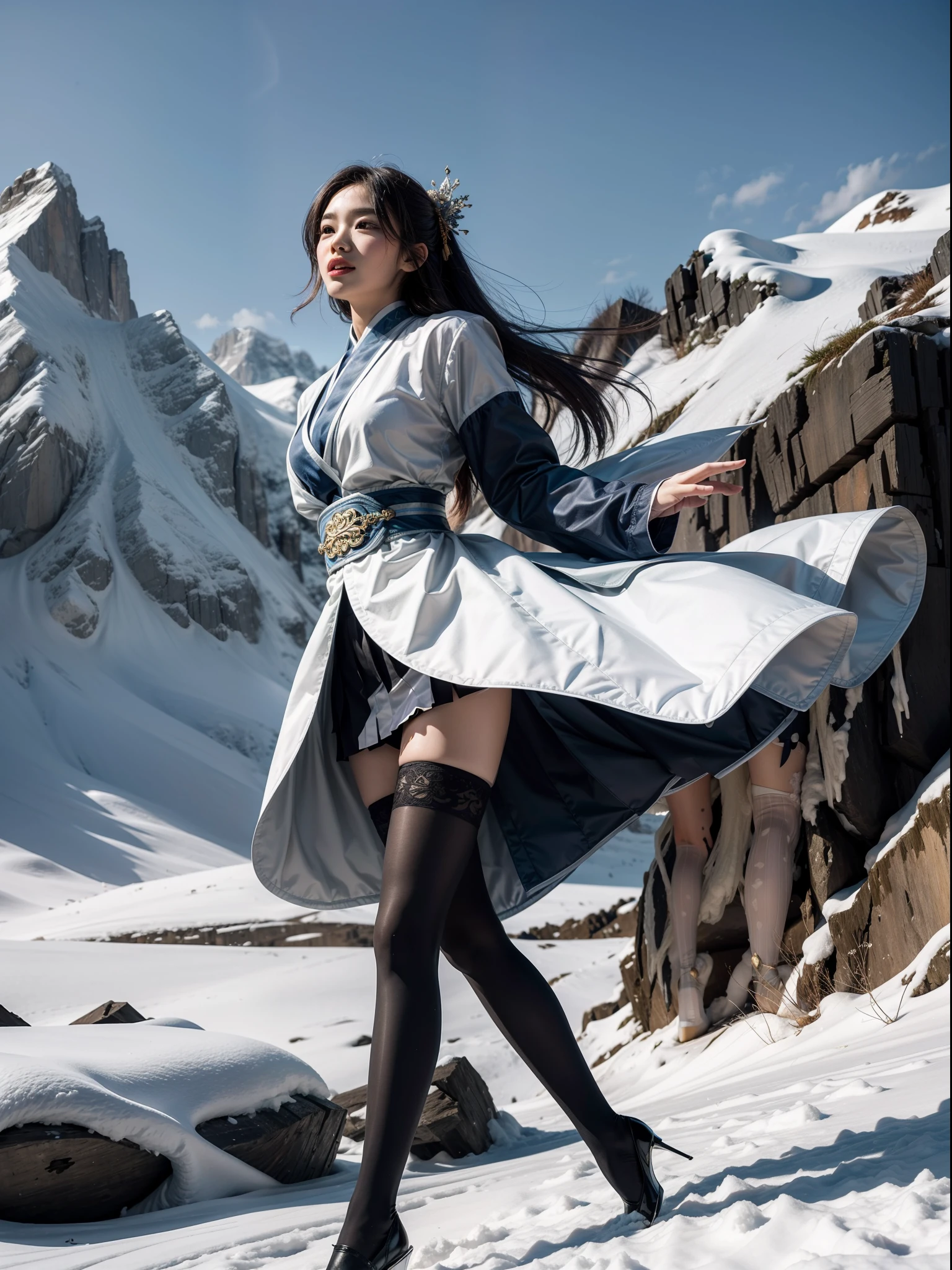 Splitting characters is prohibited,(Full body shot:1.3), Must show your face, anatomy correct, Dance on top of snowy mountains,The breath of nature,Polished pointed-toe heels must be worn,Stocking tights are mandatory, Colorful Qing Dynasty student uniforms, A shallow laugh, Complex and diverse backgrounds,Strangling effect,hyper HD, Ray traching, structurally correct, Award-Awarded, high detal, lightand shade contrast, Face lighting,cinmatic lighting, tmasterpiece, super detailing, high high quality, high detal, best qualityer, 16