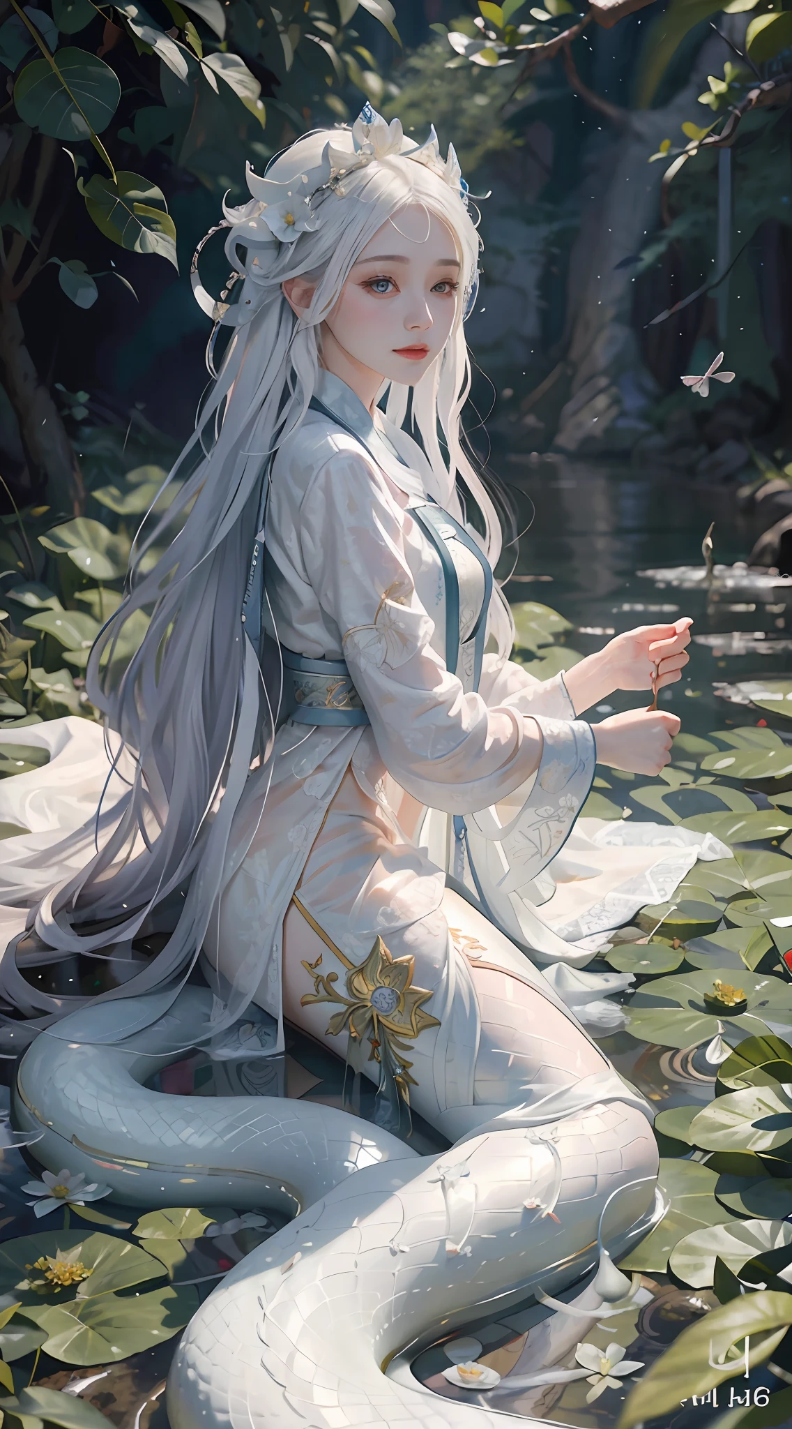 (Positive Focus), (In the Dark: 1 Girl), Surrealistic Female Portraits by David Hockney and Alphonse Mucha, Fantasy Art, Abstraction, Dynamic Lighting, Art Station, Poster, Volume Lighting, Very Detailed Faces, 4K Wallpaper, Award-Winning Faces, 1 Girl Close-up, Beautiful Snake, Human Snake Tail, White Hanfu, White Tulle Coat, Half-off Jacket Clothes Are Melting and Splashing, Smile Expression, White Long Hair, White Gauze Hair Ornaments, Lying by the River, White Snake Flowers, Small Flowers, Butterflies Flying, Multiple Butterflies, White lotus, lotus leaves, hazy mist, mist, mist, clothes are melting and splashing, ancient Chinese architecture courtyard background, white lotus, petals falling, dramatic composition, movie light effects,