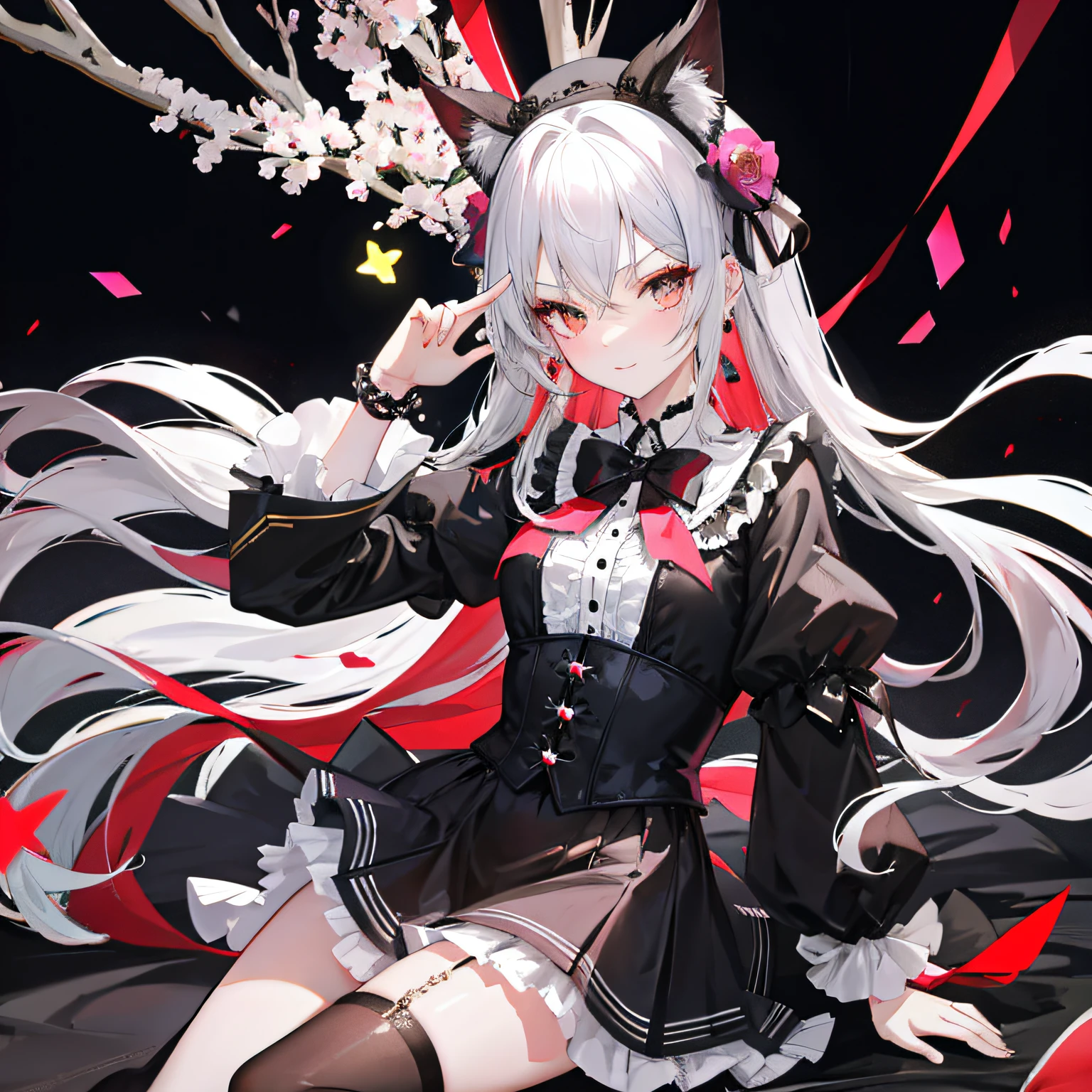 Lolita prostitute，Royal Sister，afloat，flying petal，Floating hair，White complexion、Sharply defined、Slender eyebrows、Deep eyes，Black slim-fit long-sleeved shirt、Black Lolita、high-waist、obi strip、black over-the-knee socks、Silver-toned earrings，lace legwear、tigh-high boots、trinkets、hair adornments、neck chain、Bracelet，Falling streamers and debris，mystical ambiance。Masterpiece, Best quality, Refined face，ssmile, 8K, A high resolution, Super resolution,absurderes, A high resolution, Ultra detailed, elegant flourishes, and a sense of craftsmanship and skill,