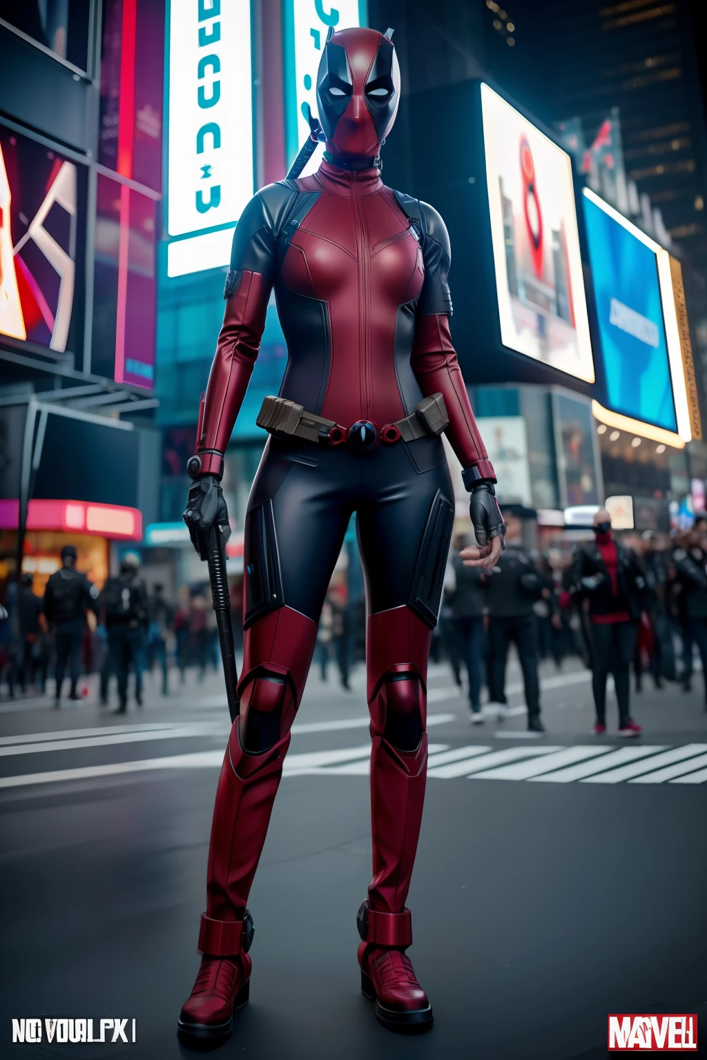 Nova Iorque, Time Square Ave, foto de Mulher vestida como Deadpool da Marvel, Biomechanicals, complex robot, crescimento pleno, hyper realistic, pequenos detalhes insanos, Extremely sharp lines, Cyberpunk aesthetics, uma obra-prima apresentada no Zbrush Central