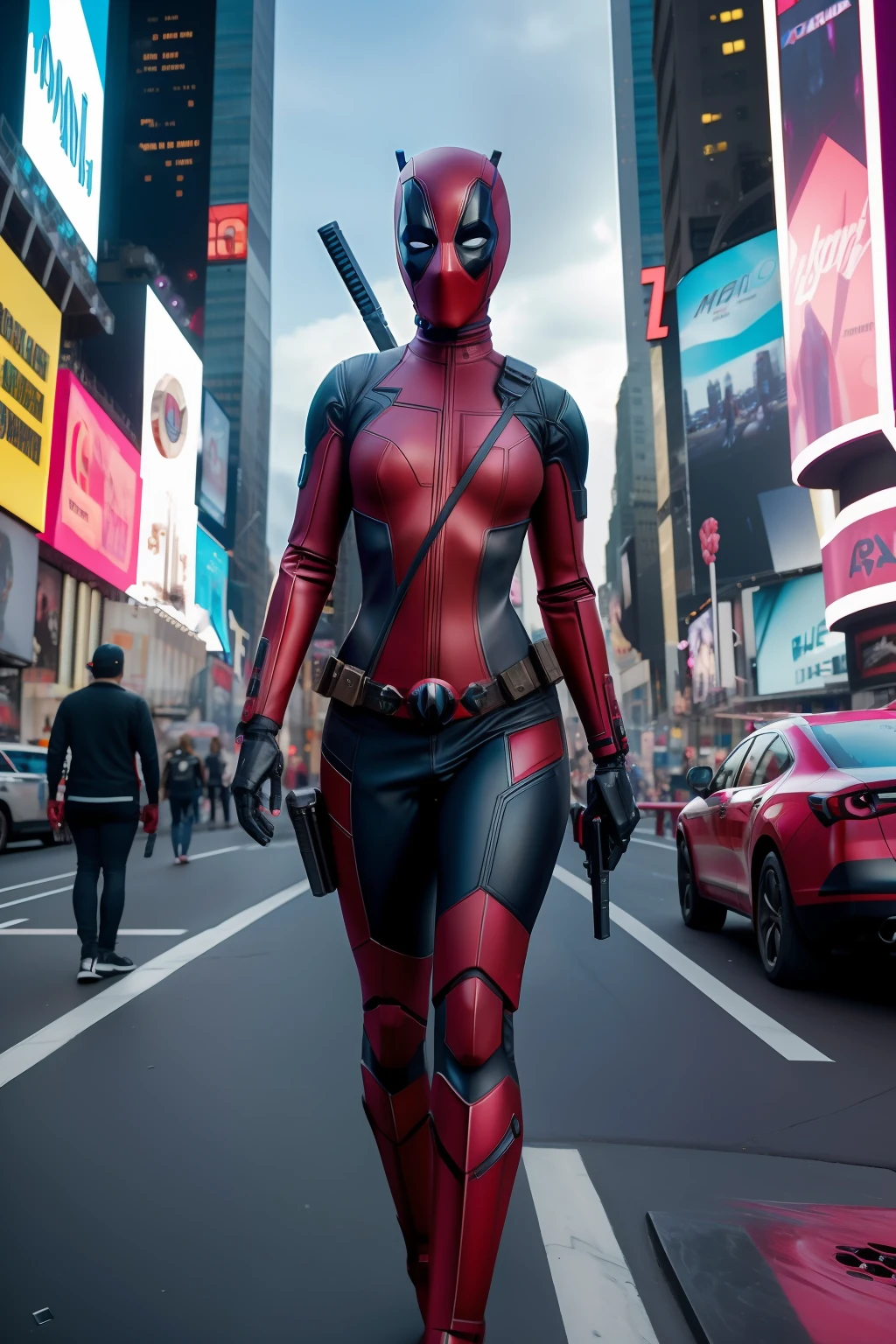 Nova Iorque, Time Square Ave, foto de Mulher vestida como Deadpool da Marvel, Biomechanicals, complex robot, crescimento pleno, hyper realistic, pequenos detalhes insanos, Extremely sharp lines, Cyberpunk aesthetics, uma obra-prima apresentada no Zbrush Central