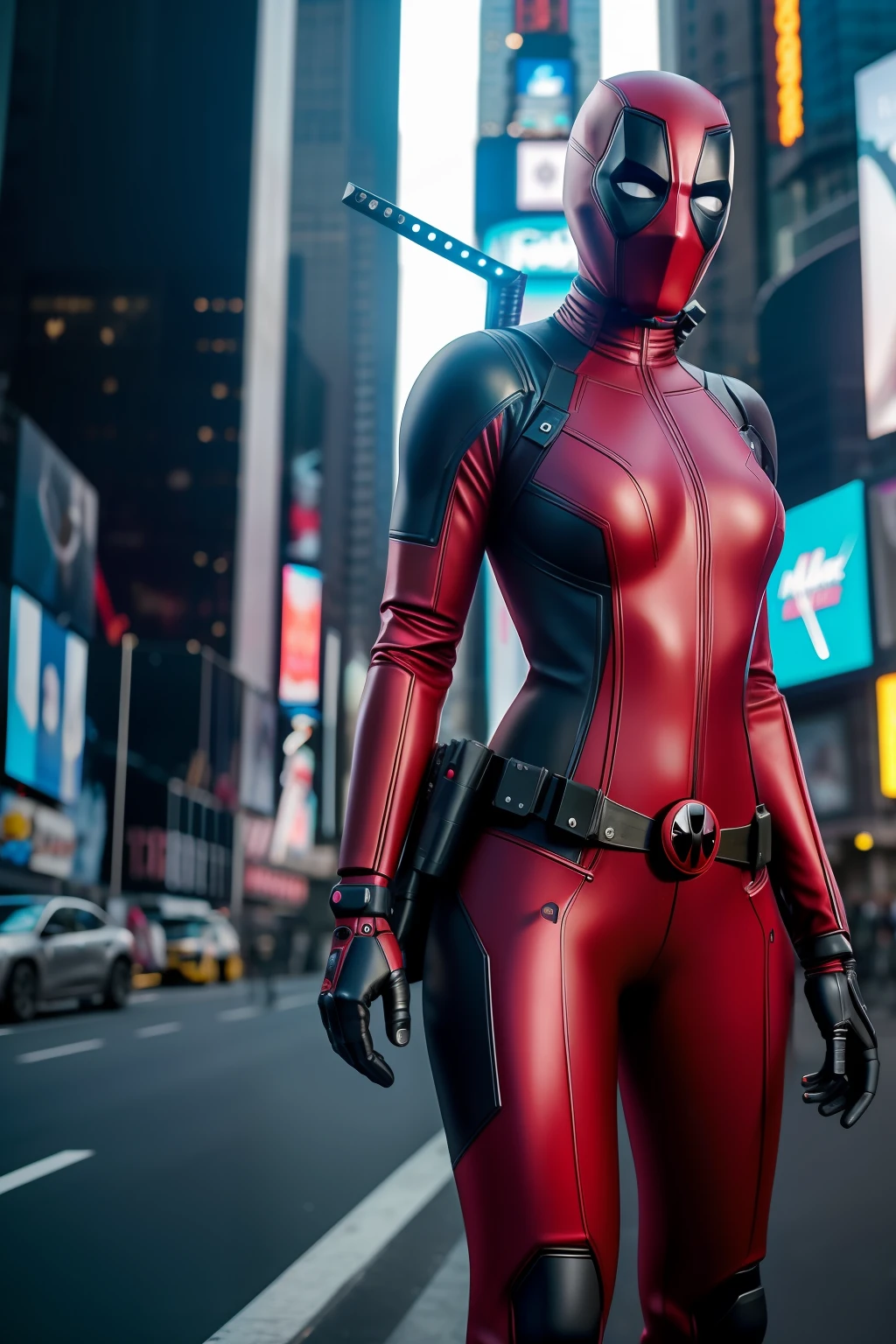 Nova Iorque, Time Square Ave, foto de Mulher vestida como Deadpool da Marvel, Biomechanicals, complex robot, crescimento pleno, hyper realistic, pequenos detalhes insanos, Extremely sharp lines, Cyberpunk aesthetics, uma obra-prima apresentada no Zbrush Central