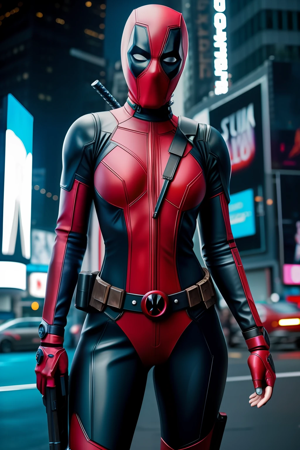 Nova Iorque, Time Square Ave, foto de Mulher vestida como Deadpool da Marvel, Biomechanicals, complex robot, crescimento pleno, hyper realistic, pequenos detalhes insanos, Extremely sharp lines, Cyberpunk aesthetics, uma obra-prima apresentada no Zbrush Central