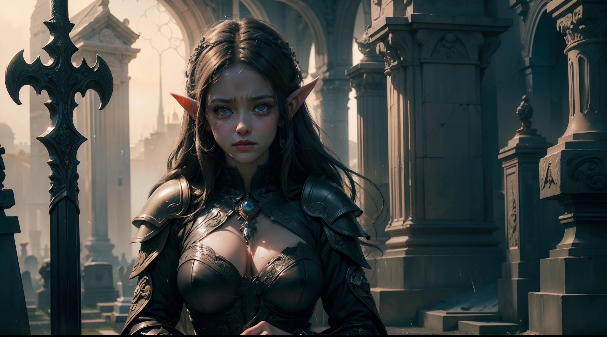 (Masterpiece:1.21), (Best quality:1.331), ((Ultra-detailed)), ((extremely best illustration)), ((Amazing)), (hyper qualit), Gorgeous and rich graphics, (Extremely delicate and beautiful:1.21), 8K, the wallpaper, (extremely beautiful lighting), hard light, Delicate composition, (Perfect positioning), (extremely beautiful and detailed background:1.21), Rembrandt style expression of light and shadow, Dark tone, (Low profile, high differential color levels), ((Depth of field)), deepshadow, Radial blur, rain, (The background is blurred out), (1 female elf),(Beautiful detailed eyes), looks into camera,((half-body shots)),Large breasts,Complex leather armor,Glowing sword,The background is a cemetery,(((grieves,streaming tears)))