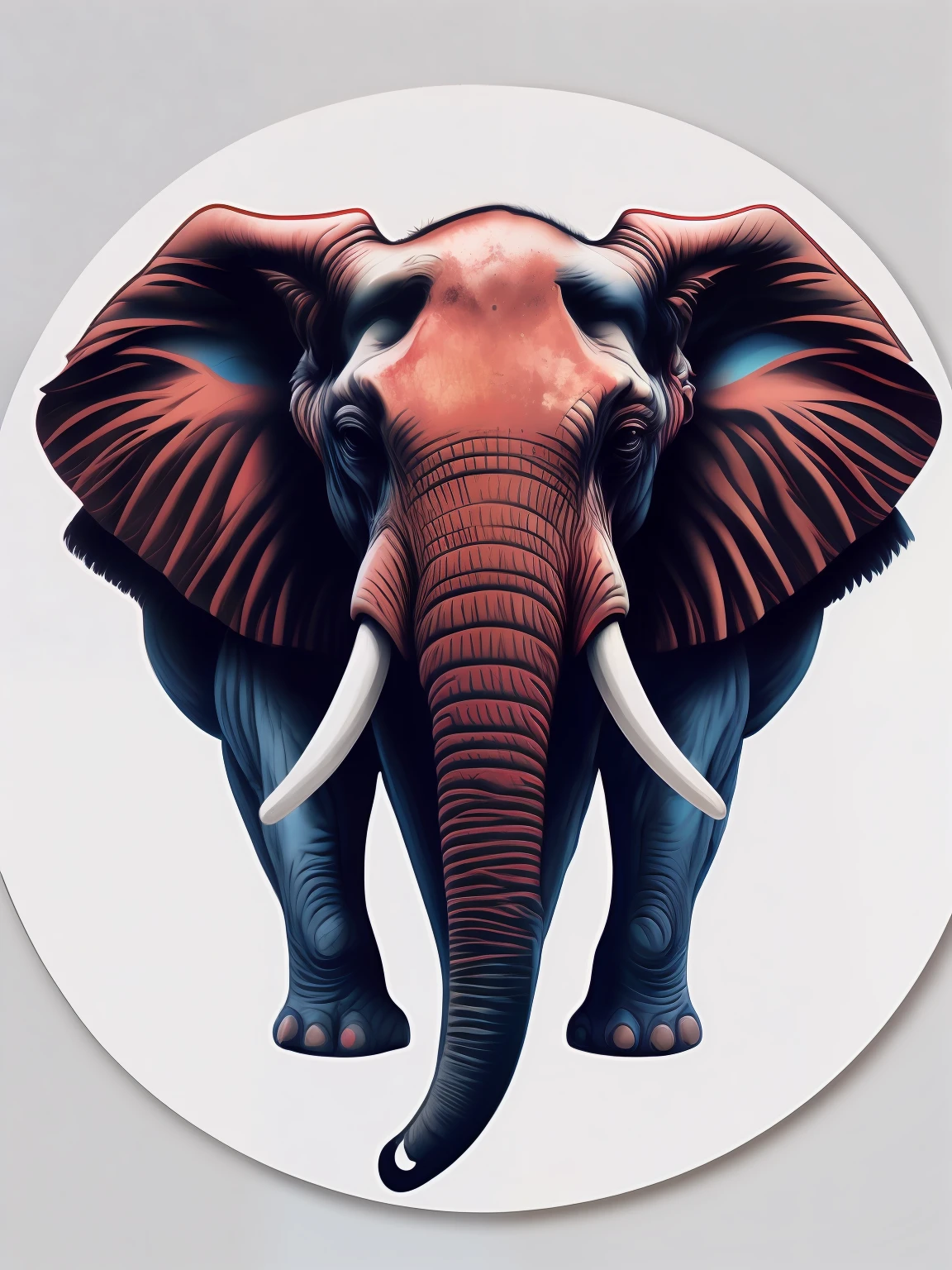 Elephant head, white background, blue and red