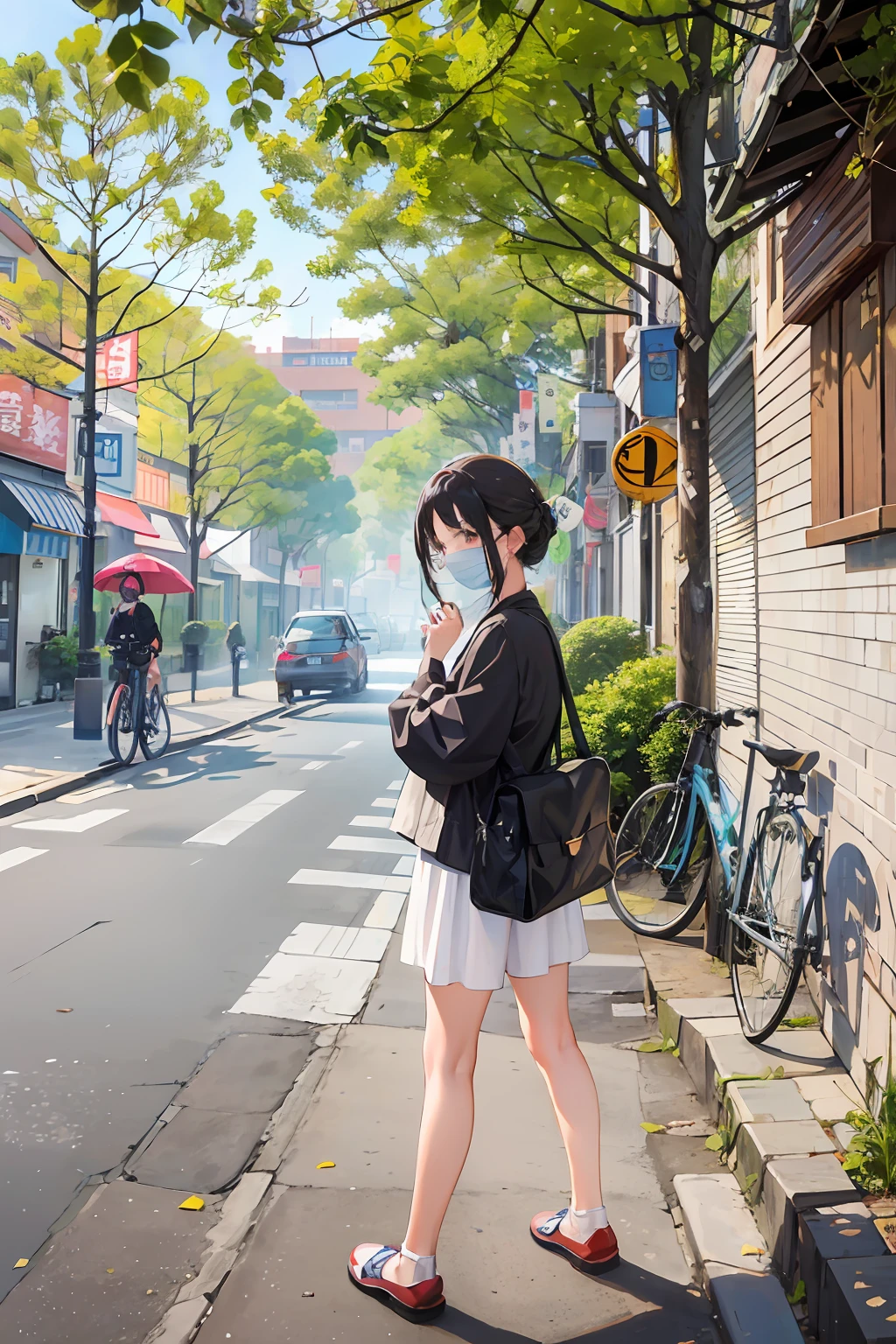Woman in black and white striped shirt and white shoes, A Gray Sports Shorts,wearing facemask and sunglasses, wearing face mask, which stands on the street, in city street, street pic, which stands on the street, Have on the street, Wearing a mask, wearing face mask, standing on a city street, standing in an alleyway,Black satchel,Turn around and look at the camera,Beijing Hutong,with people coming and going,Big tree in background,Bikes parked on the side of the road