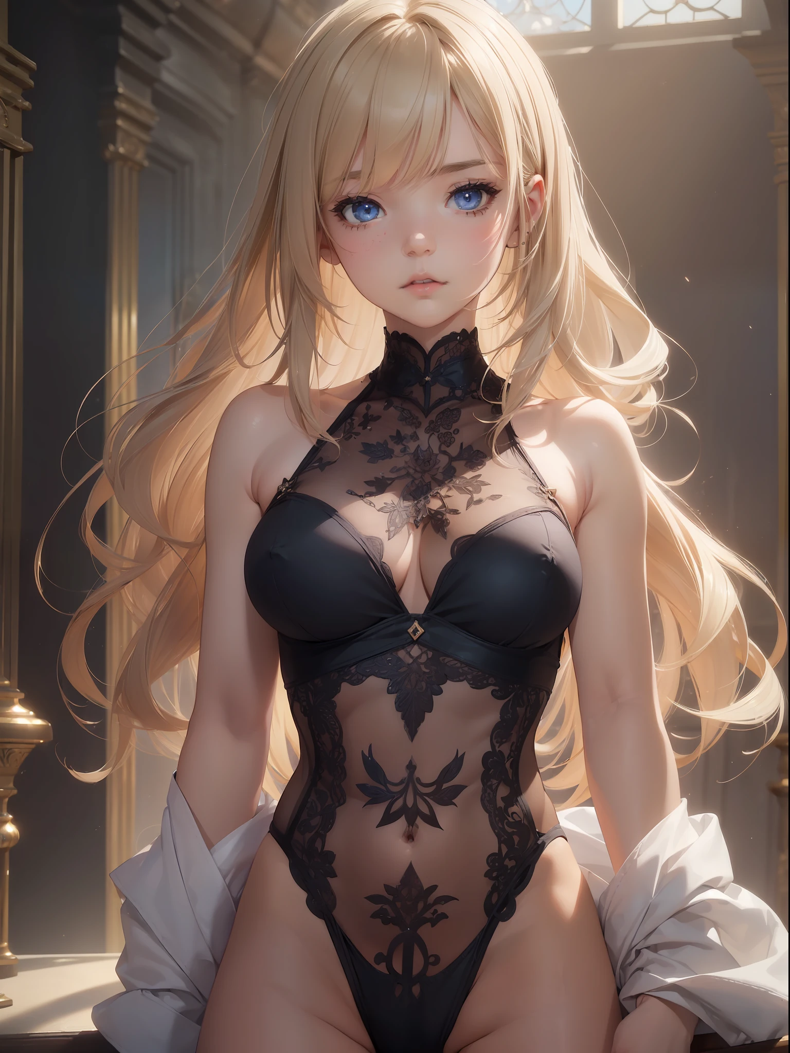 (((((???)))))、1 girl, Chest, Big breasts, Blue eyes, Long hair, Single, Leotard, Black Leotard, gaze at the audience, Bangs, Blonde hair, Parted lips, Upper body, (Dynamic Pose, Very detailed and beautiful girl, intricate-detail, Beautiful detailed girl, Game CG, Highly detailed body, delicate and intricate hair, realistic and detailed face, Highly detailed eyes and face, Intricate details are beautiful and delicate eyes, Delicate arm and hands, Human Hands, Real skin texture, Exquisite fabric, plein air, Indoor , beautiful and clear background, absurdity, High-precision details, Highly detailed CG Unity 8K, Ultra-detailed)
