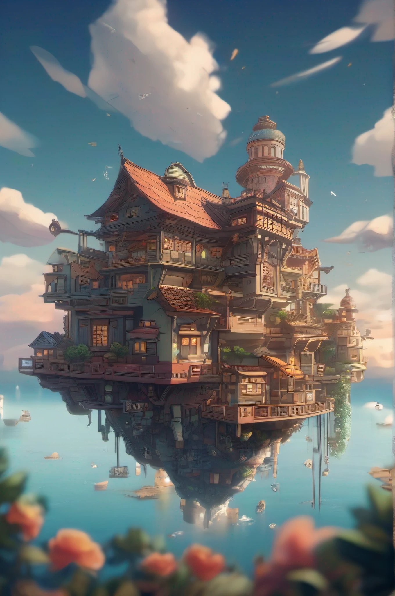 (levitating:1.5),(A huge mechanical city floating on the sea:1.3),Q version cute building,adolable,(Thick clouds:1.4),in style of hayao miyazaki,Rejoice,Perfect quality,Clear focus(Clutter - home:0.8), (tmasterpiece:1.2), (realisticlying:1.2) ,(Bokeh:0.5), (best qualtiy), (detailedskin:1.3) ,(complexdetails), (8K), (detailedeyes) ,(Sharp focus),,(having fun),(Award-winning digital artwork:1.3) af (sketching:1.3),(with dynamism:1.3),studiolight,Theme,looking from above, the space, afloat, --v 6