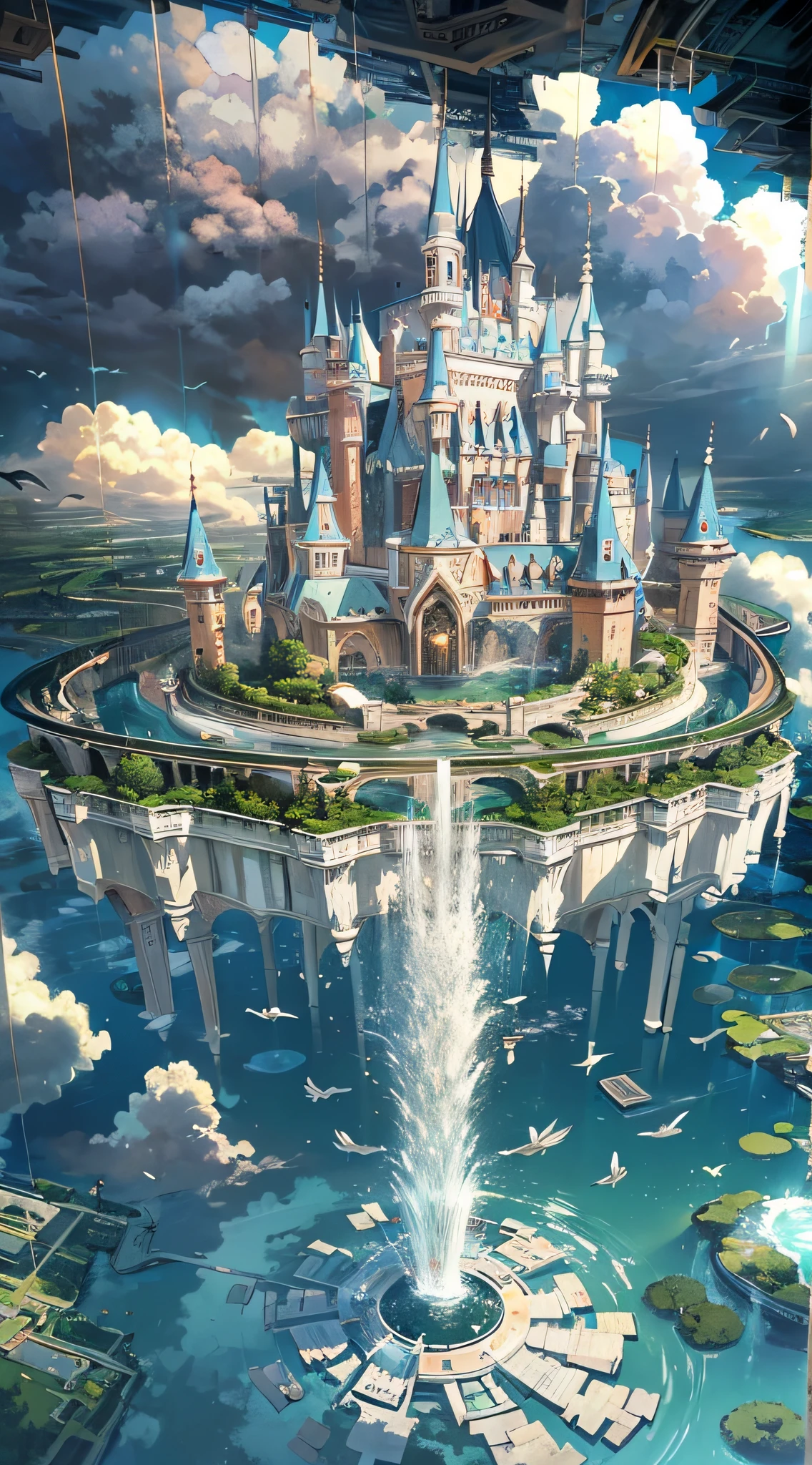 kawaii, sweet gosick, SD, Upside Down World:2, (an pop artist's design of a floating Castle on the floating the land and Forest and Fountain in the air, above the A few clouds and thunderstorms)1.4, bird's-eye view, scenery, setting sun, no humans, a fantastic magical world, (Best quality), (masterpiece:1.3), (photorealistic:1.36), (realistic), ultra-detailed,, detail background,