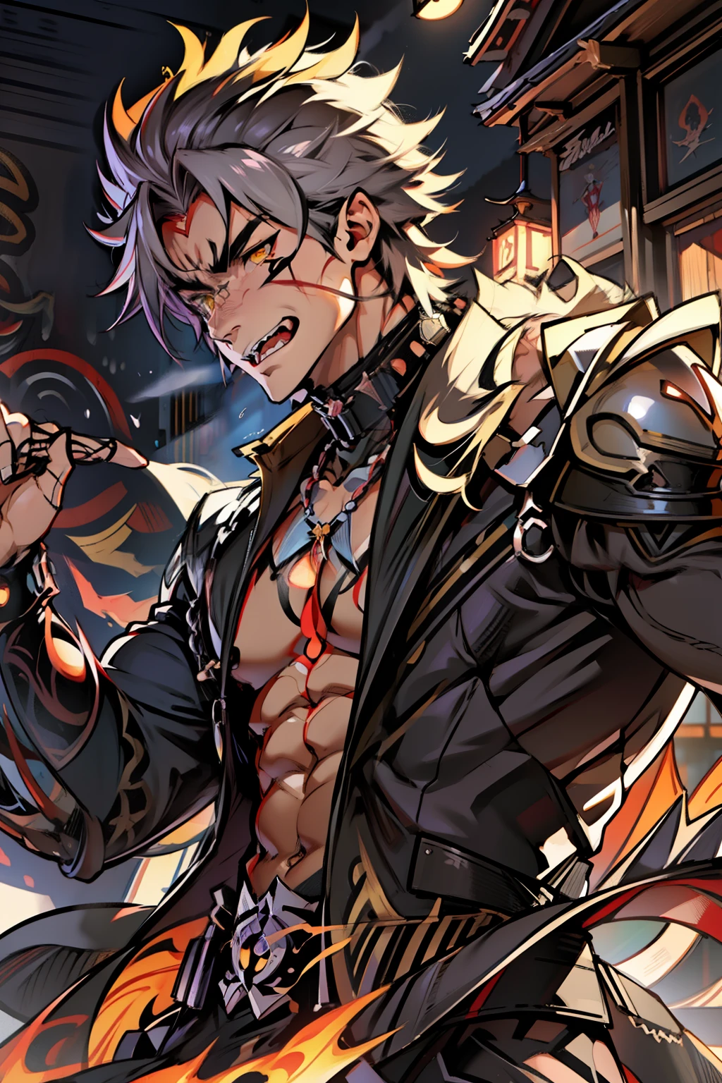 《the original god》Arataki Kazuto , male people,,((Masterpiece)), ((Best quality)), Ultra detailed,((illustration)), Dynamic Angle, Detailed light, (Delicate eyes), Floating, 1boy, Male focus, Head, Clothing, Yellow eyes, necklace, tattoo, (Forehead:0.8), (ahoge:0.8), jewelry, apathy,Ray, chest muscle, Sexy , Venom symbiote for your body, Black mucus of the body , (into venom), Venom,frontage,style of anime4 K, 4K anime wallpaper, Badass anime 8 K, 4 k comic wallpaper, young anime man, Anime boys, Anime wallpapers 4 k, Anime wallpaper 4K, High quality anime art style, Anime moe art style, Anime art wallpaper 8 K, Anime art wallpaper 4 K, RGB lighting