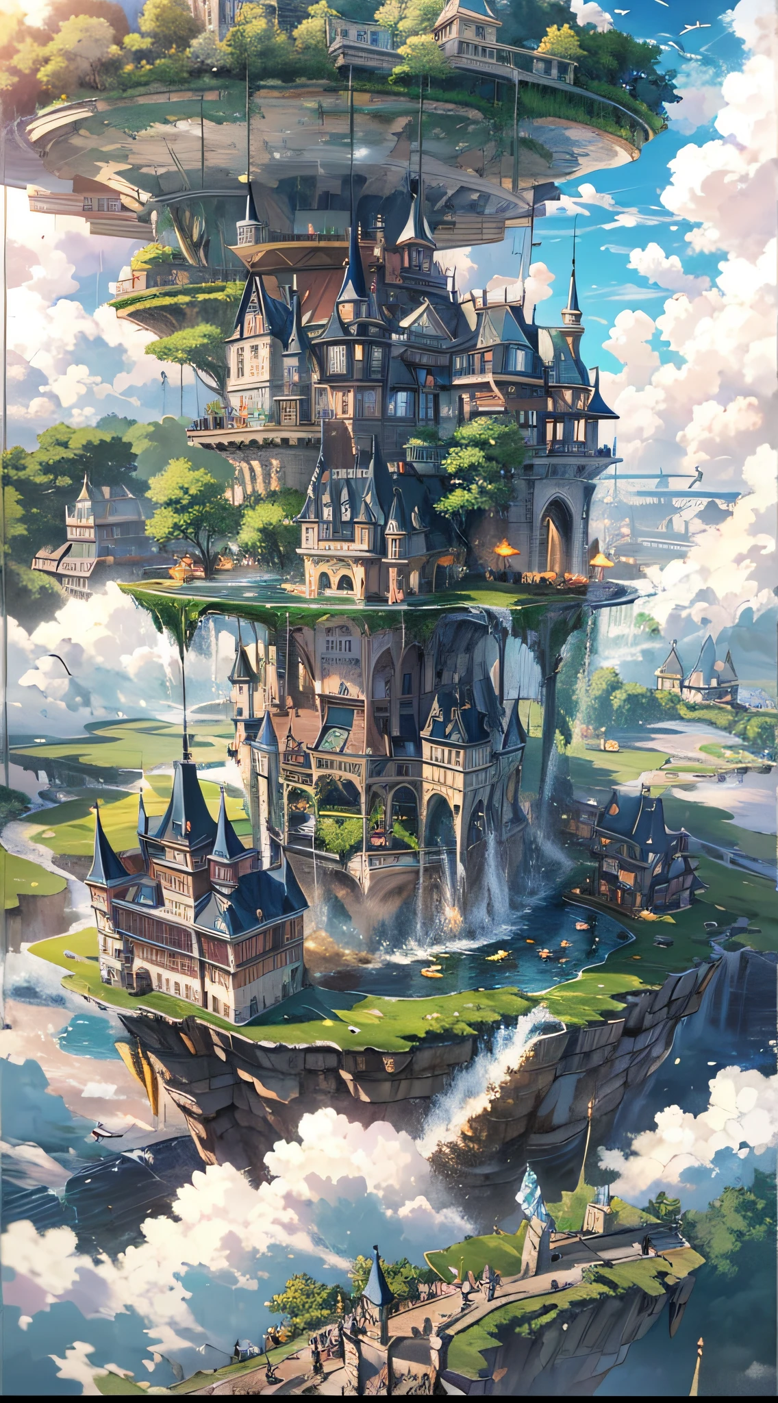 kawaii, sweet gosick, SD, Upside Down World:2, (an pop artist's design of a floating Castle on the floating the land and Forest and Fountain in the air, above the A few clouds and thunderstorms)1.4, bird's-eye view, scenery, setting sun, no humans, a fantastic magical world,  (Best quality), (masterpiece:1.3), (photorealistic:1.36), (realistic), ultra-detailed,, detail background,