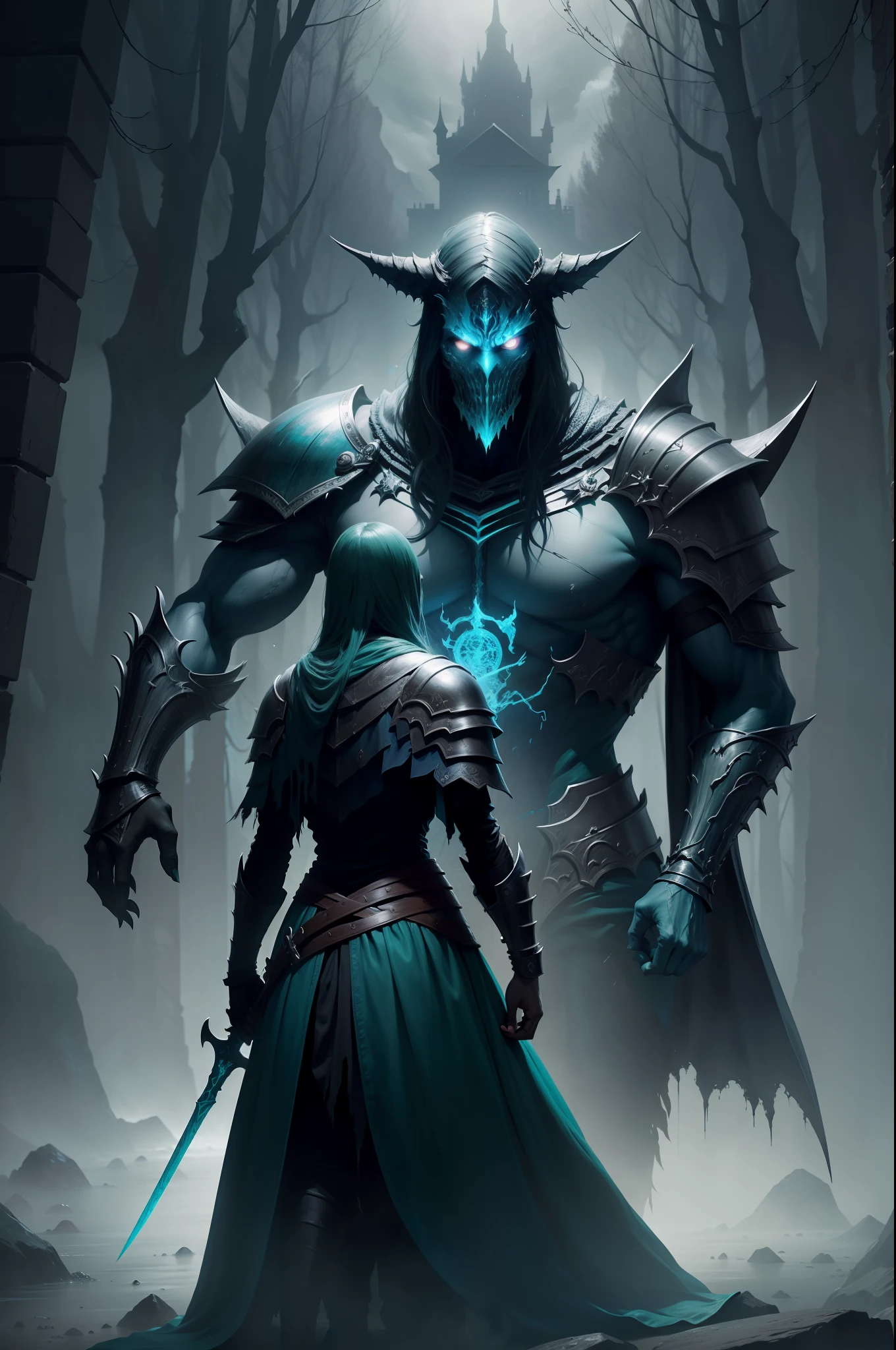 fantasy digital painting, magical concept art, magic, epic fantasy digital art style, digital fantasy illustration, fairytale artwork, horror art, horror, scary, frightening, ultra detailed, beautiful and aesthetic, dark souls, fantasy, dark fantasy, warrior stands behind to viewer with sword in hand facing the enemy big monsters, combat stance, epic pose, encounter, hopeless battle, main colors are [teal, dark green, blue, dark blue, black]