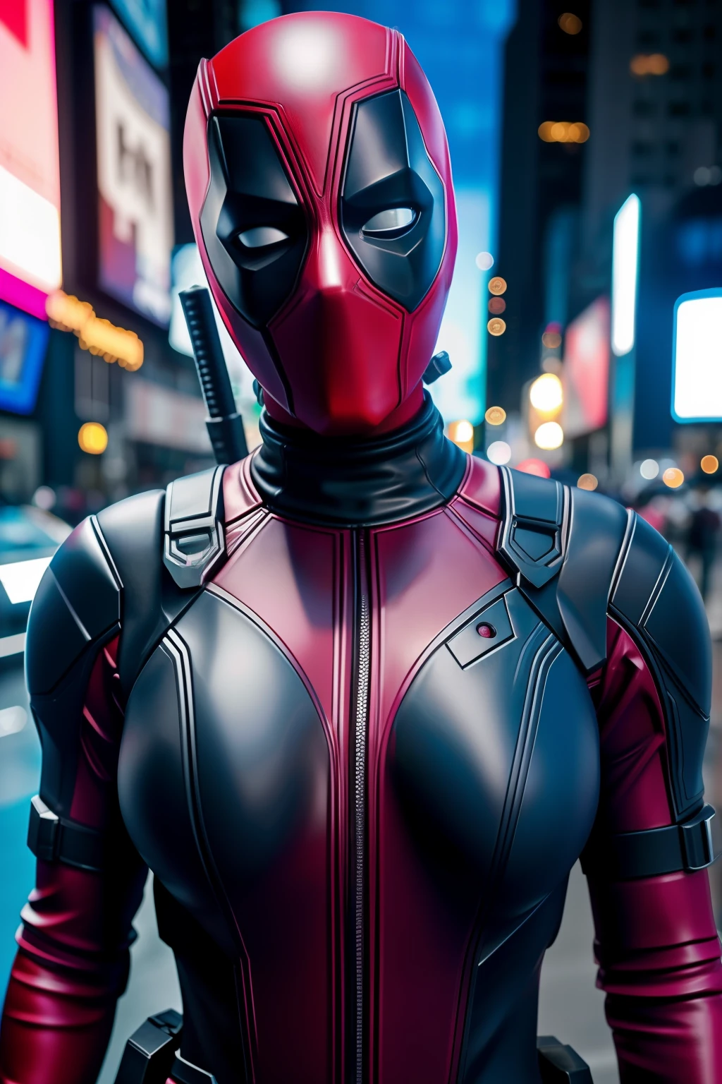 Nova Iorque, Time Square Ave, foto de Mulher vestida como Deadpool da Marvel, Biomechanicals, complex robot, crescimento pleno, hyper realistic, pequenos detalhes insanos, Extremely sharp lines, Cyberpunk aesthetics, uma obra-prima apresentada no Zbrush Central