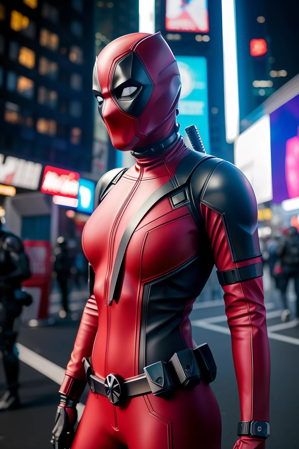 Nova Iorque, Time Square Ave, foto de Mulher vestida como Deadpool da Marvel, Biomechanicals, complex robot, crescimento pleno, hyper realistic, pequenos detalhes insanos, Extremely sharp lines, Cyberpunk aesthetics, uma obra-prima apresentada no Zbrush Central