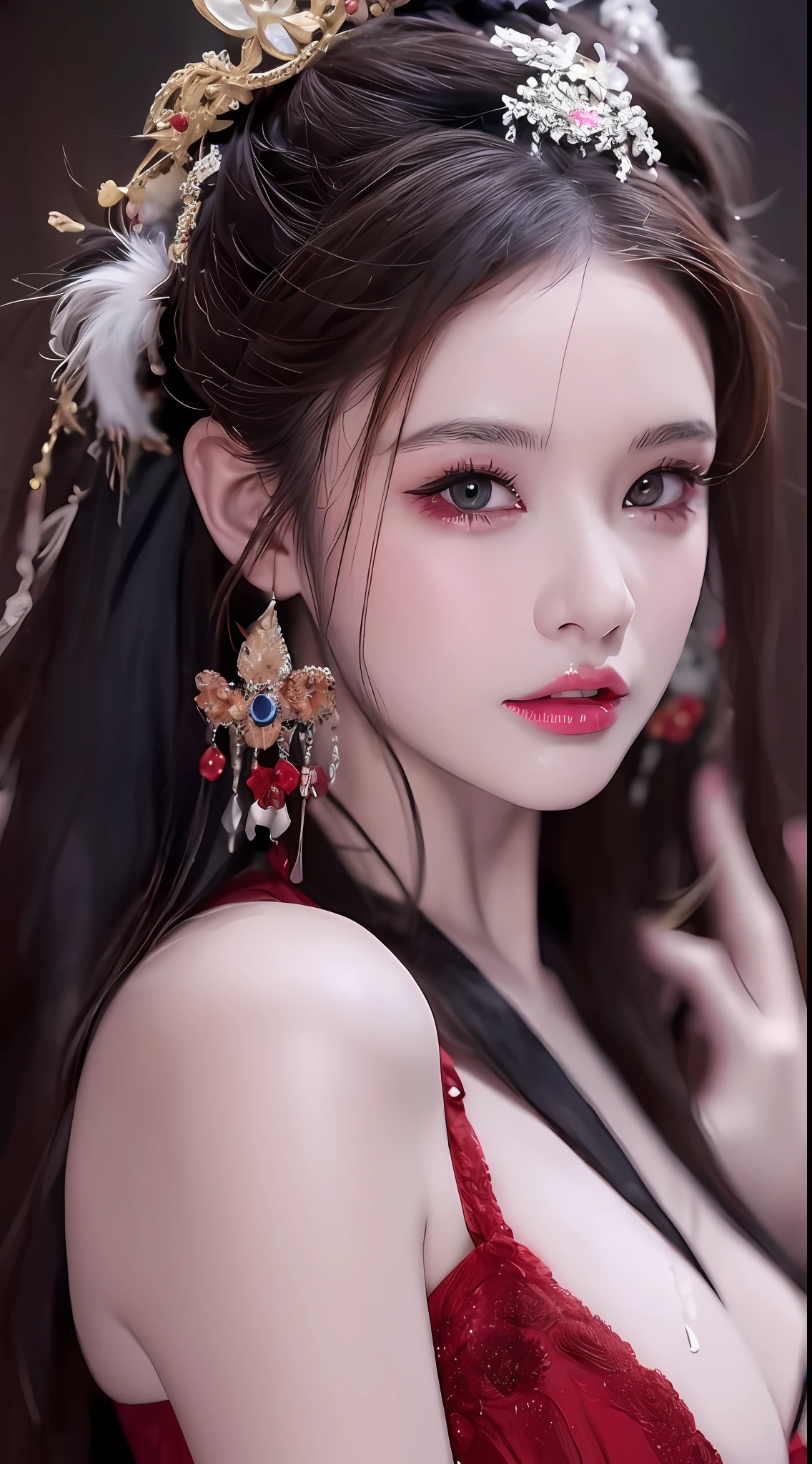 1 beautiful devil woman from hell, In the Dark: 1.6), surreal female portrait by David Hockney and Alphonse Mucha, fantasy art, Chinese super cute doll, photorealism, dynamic lighting, artstation, volumetric lighting, very detailed faces, 8k ultra, Awarded, in the dark, deep shadow, low key, cowboy lens, (Red phoenix dress: 1.4), long hair, black hair, the front hair is pulled back, bust, luxurious palace, Royal style, devil crown, black eyes make up very sharp and detailed, The most beautiful face, chubby cheeks, augmentation, The breastery big and round and round, Super realistic, chinese women's clothing, polo neck sweater, Charming smile, extremely detailed and steamy makeup eyes, The eyes are very well made up, eye bags under wet makeup, guweiz, devil style, wearing black mesh socks, Ponytail with a bow tied at the back of the hair, red lipstick, wearing a thin red and black robe, glossy and plump lips, Hands pull the straps to reveal sexy breasts,e lanis overcast and thunderous, (upper body portrait), Close-up of the main character, (Background details 1.8),HDR, UHD, 8kquality, detailed pixel, super realistic, depth camera, width camera, super quality, super real