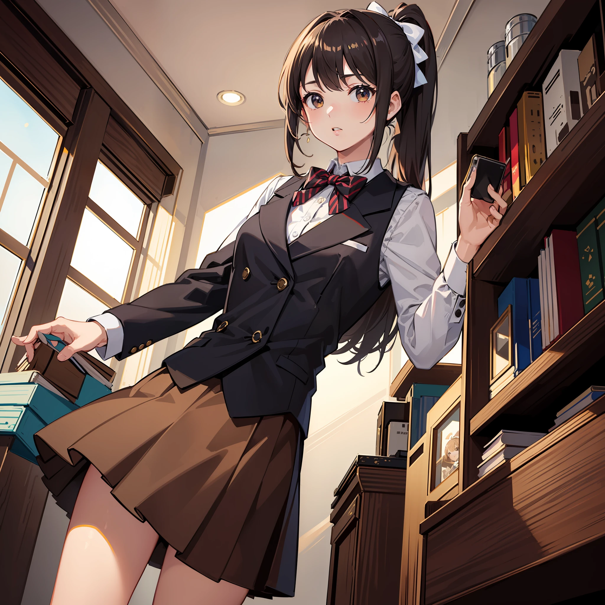 Masterpiece, Best quality, A high resolution, 1girl kirasaka sayaka high ponytail hair ribbon, Striped bow tie black vest,Brown coat,Short brown skirt,Stand tall,The perspective is seen from below